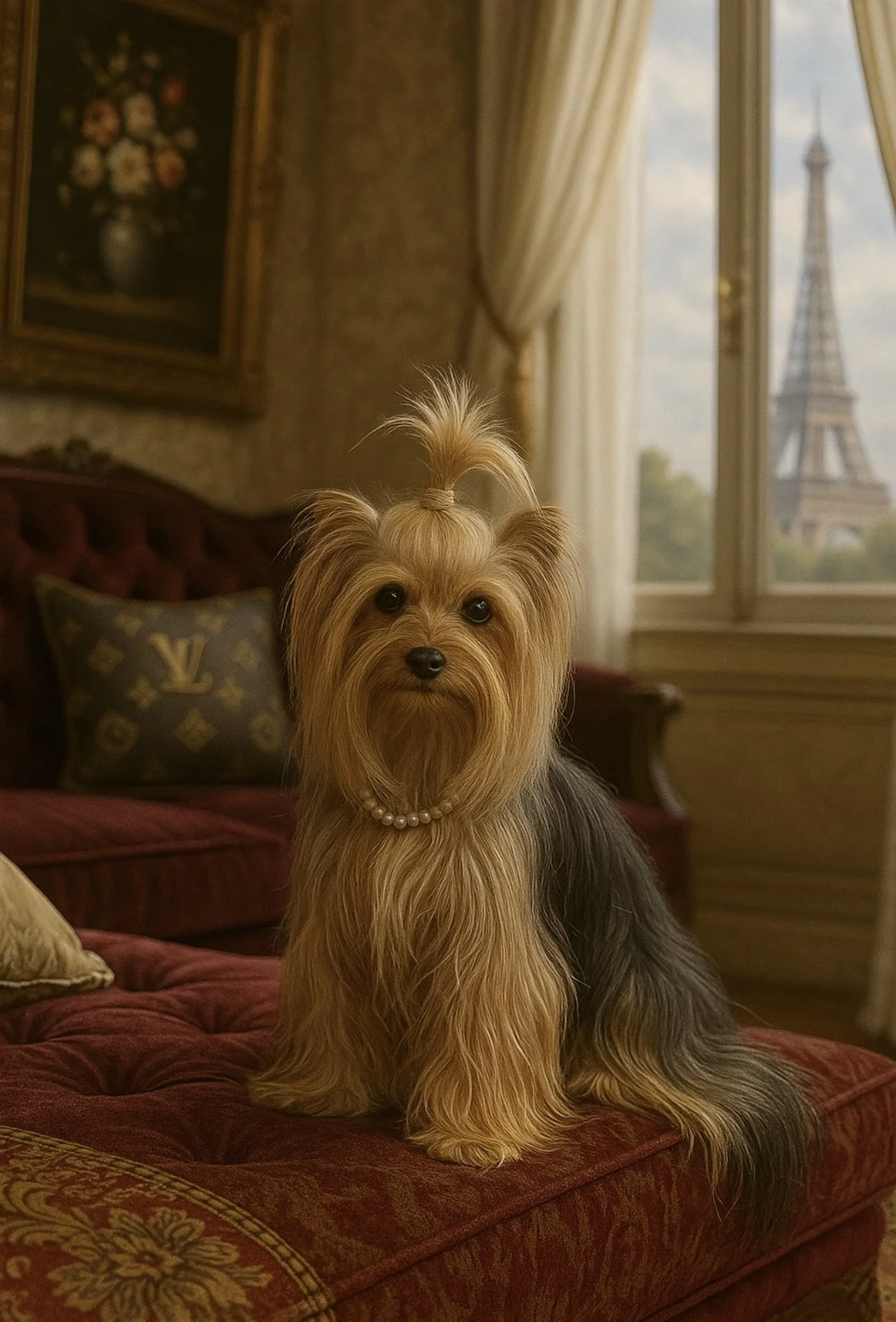 A small Yorkshire Terrier dog with a pearl necklace sitting on a red velvet sofa in a room with gold curtains and a view of the Eiffel Tower through the window.