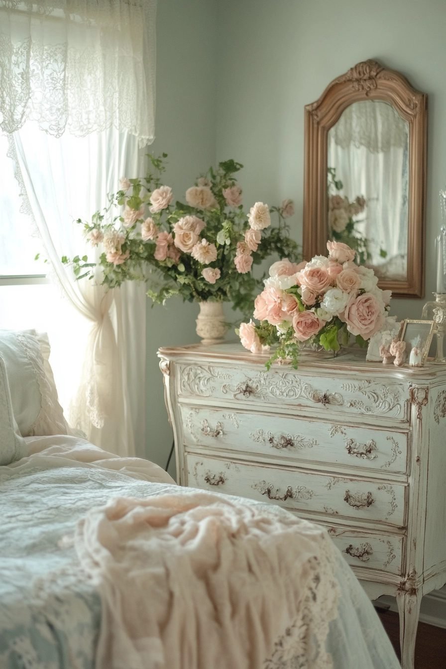 Vintage bedroom with white distressed dresser topped with pink roses in a vase, an ornate mirror, lace curtains, and a bed with lace bedding.