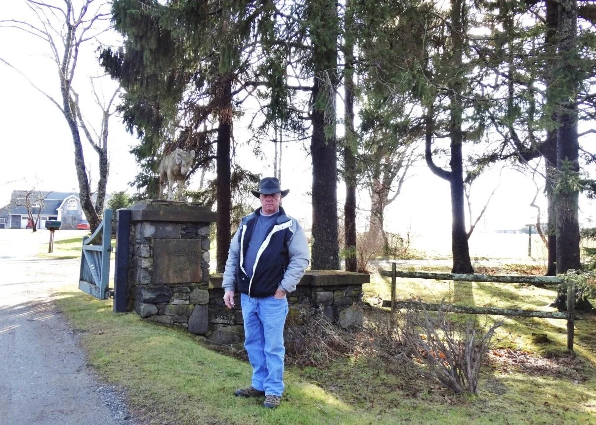 Person standing beside a stone wall and trees.