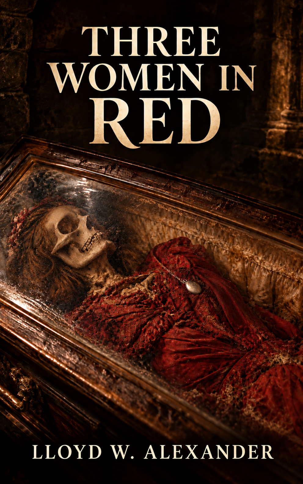 Three Women in Red cover showing an antique viewing coffin, a red dress, and a silver locket beneath aged glass.