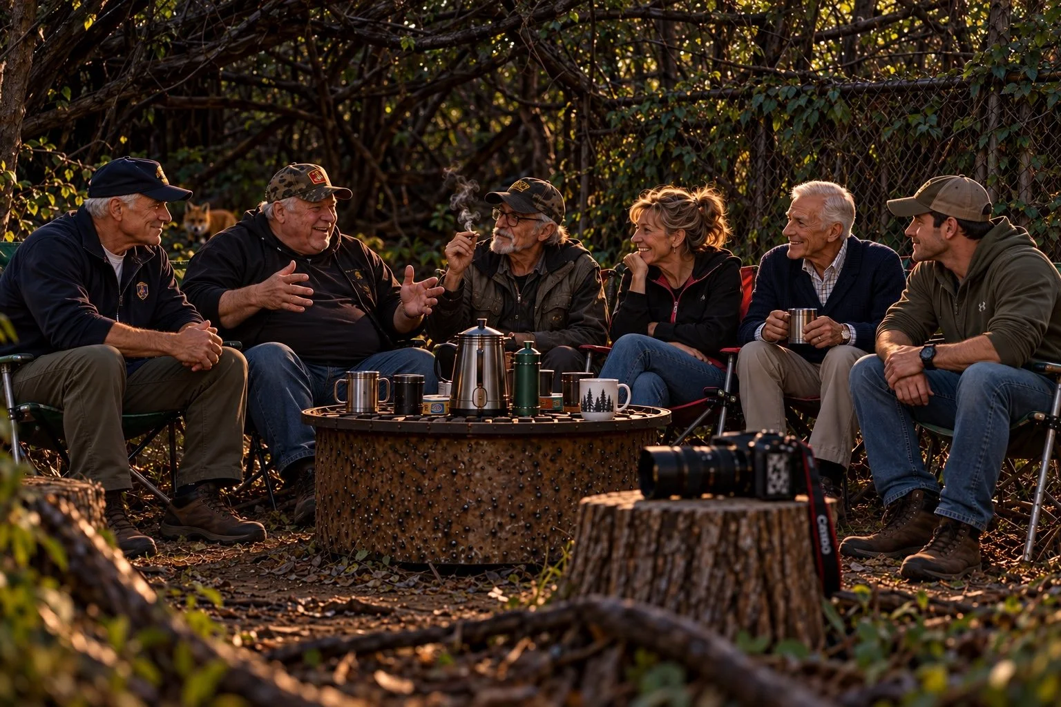 Charlie, Big Donnie, Slim Donnie, Maggie, Mickey, and Eagle Eye sharing stories around a table in their wooded sanctuary.