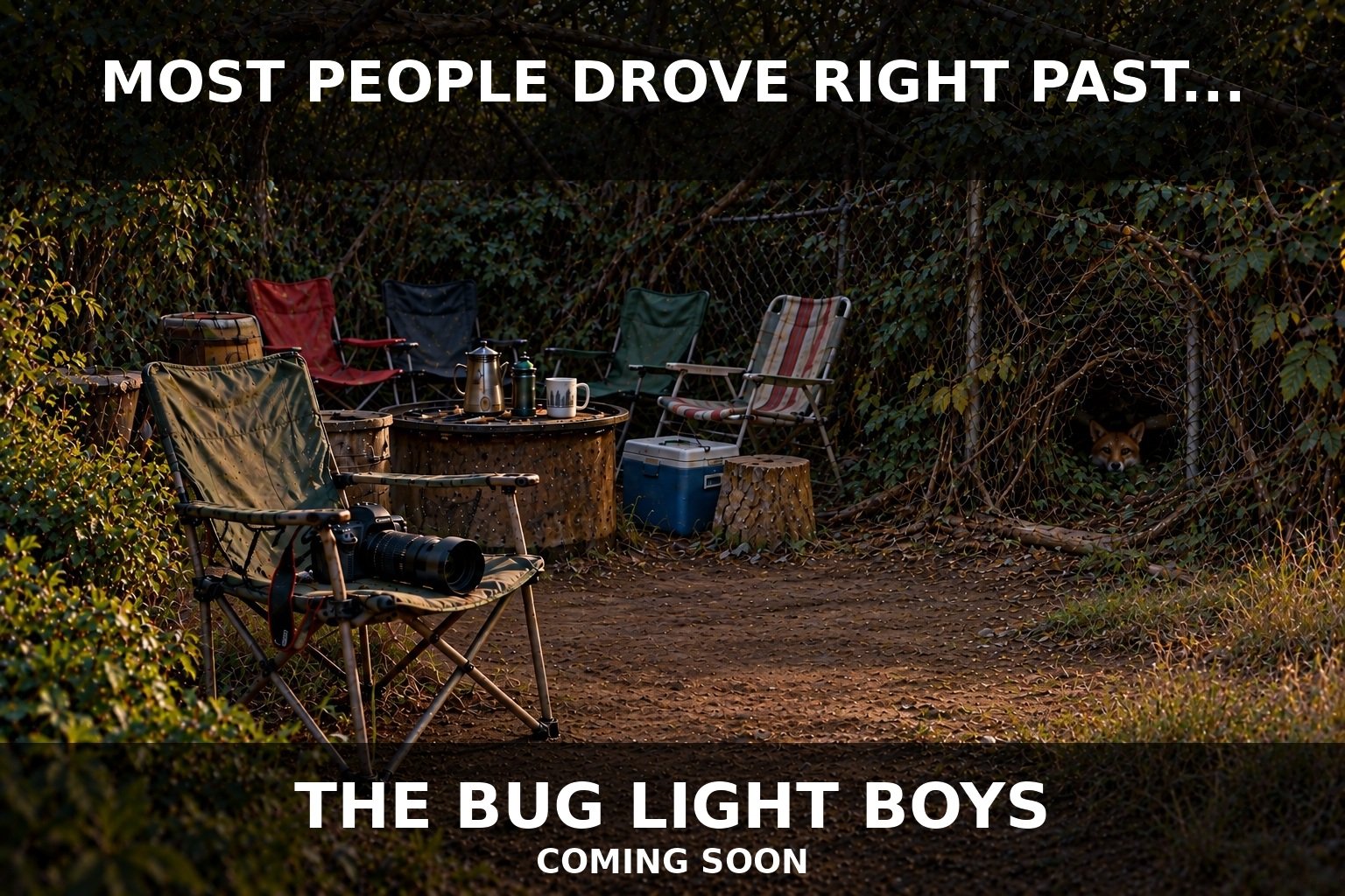 The Bug Light Boys teaser: empty folding chairs in the wooded sanctuary, a camera and fox, with the words “Most people drove right past… The Bug Light Boys. Coming soon.”