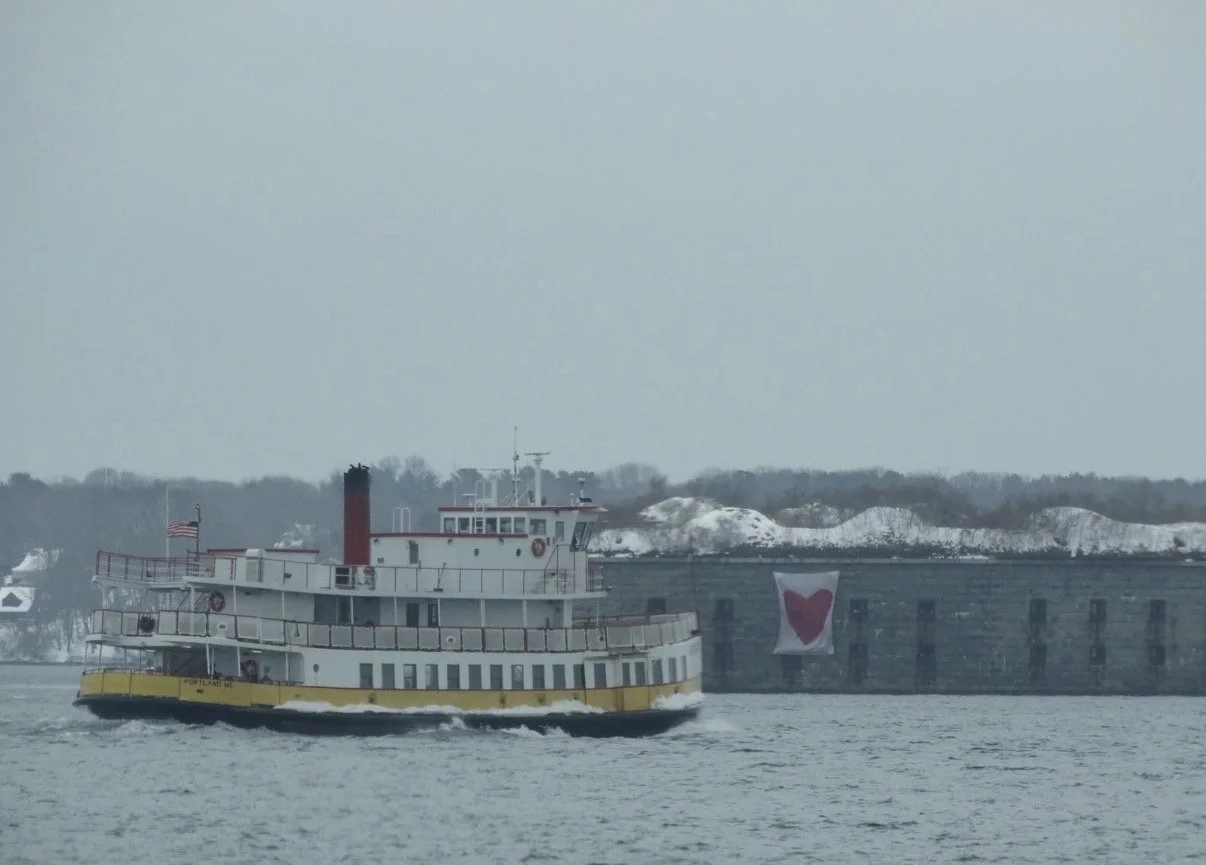 Ferry passing waterfront buildings across the harbor.