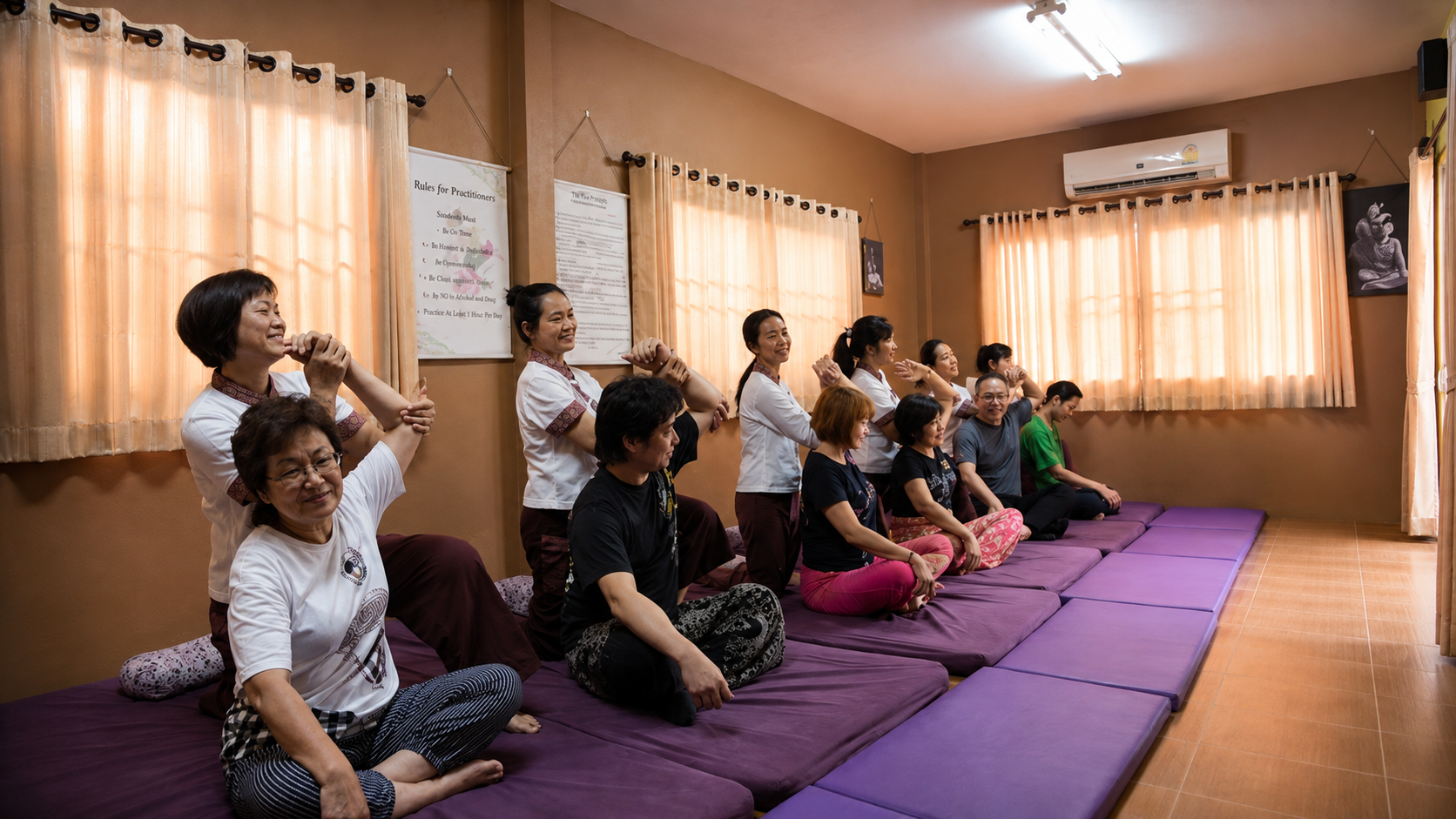 Students learning traditional Thai massage