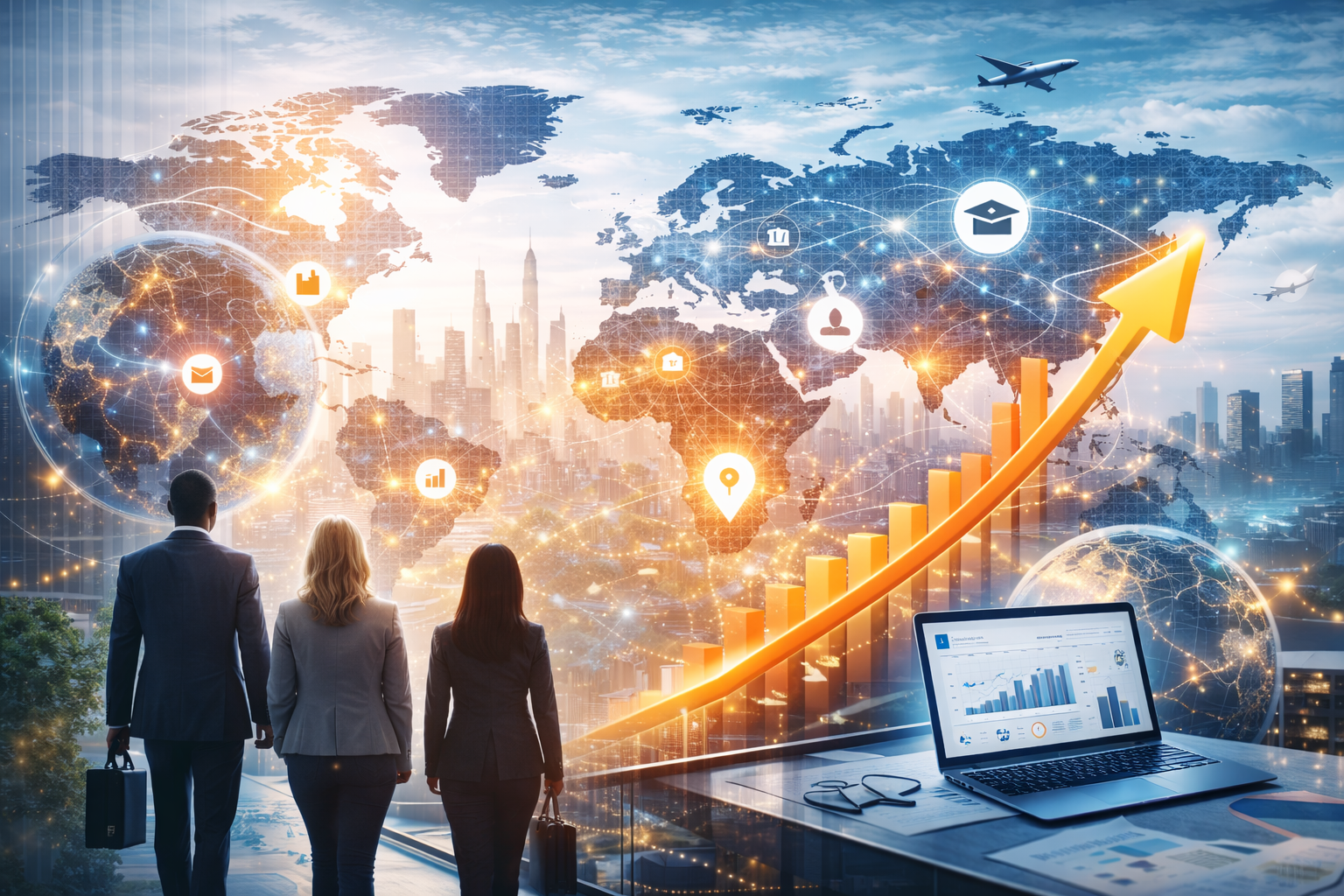 An image depicting the expected growth in global education technology spend between 2025 and 2030. The image shows business people, likely CEOs of EdTech companies eyeing the growth and wanting to participate in the global opportunity.