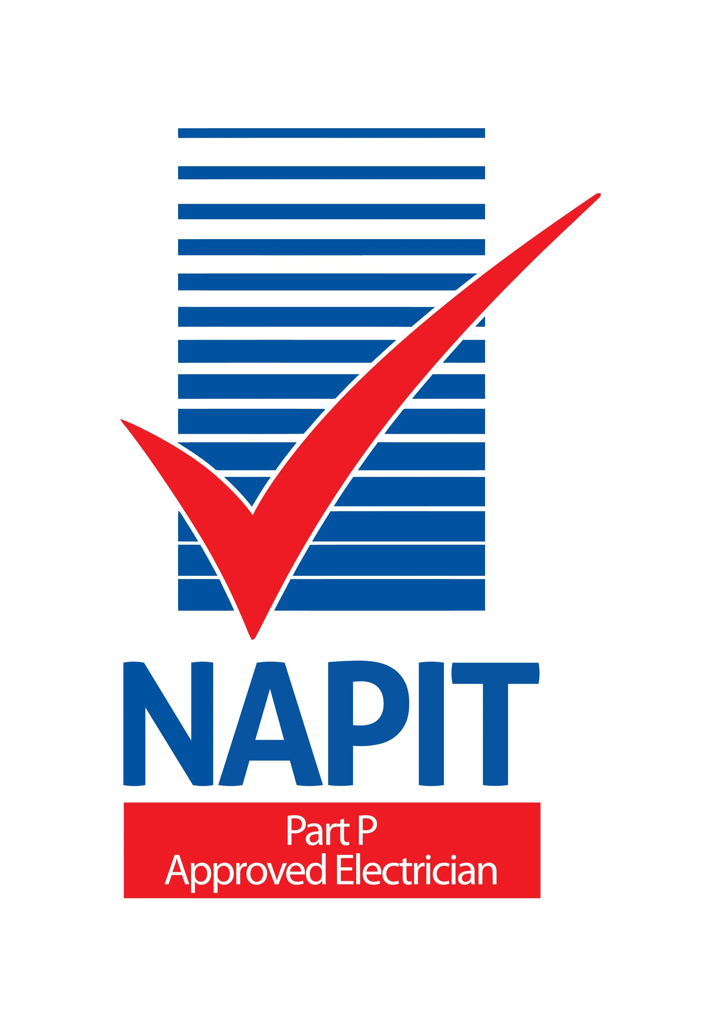 NAPIT Part P Approved Electrician logo with blue stripes and red checkmark.