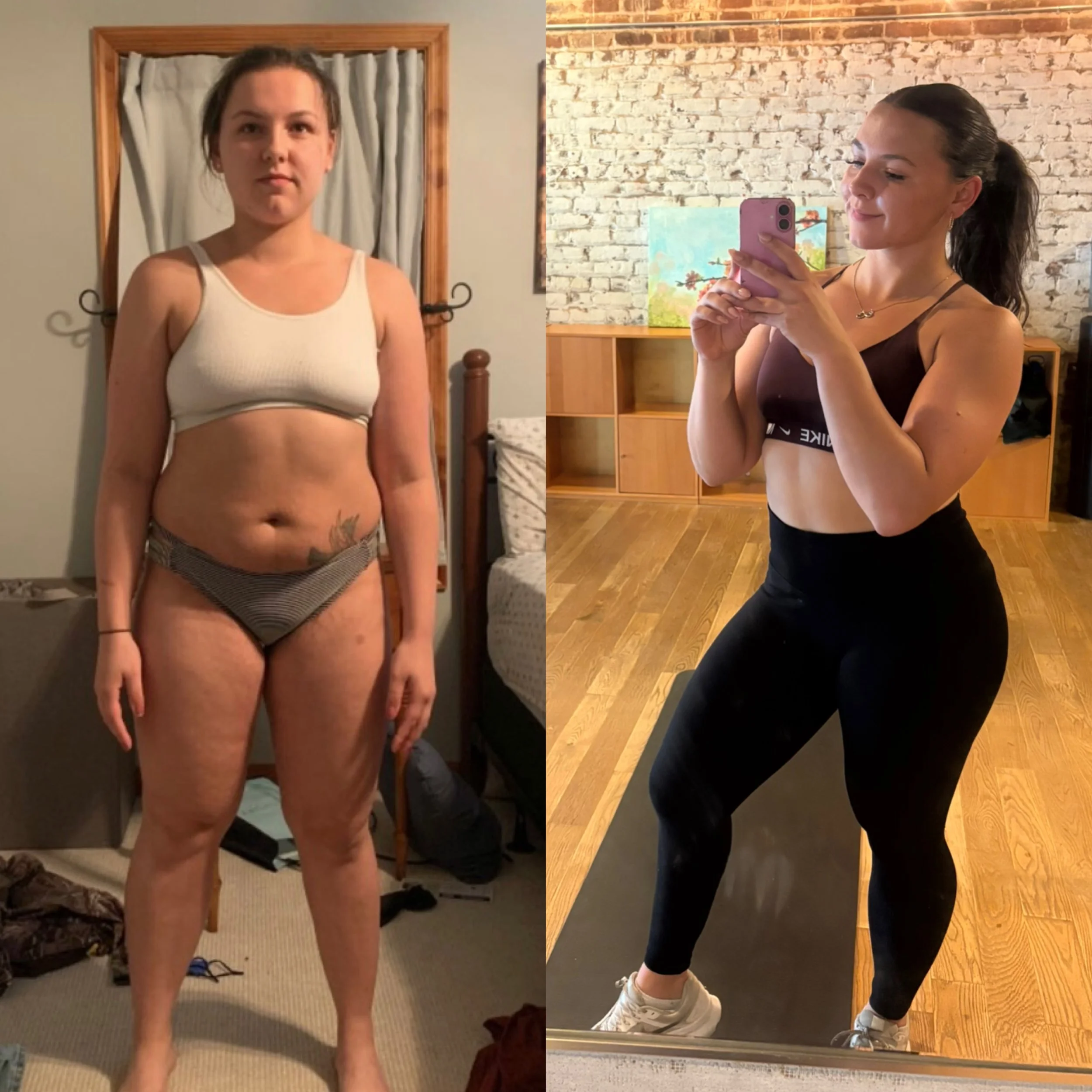 Side-by-side photos of a woman before and after fitness transformation. The left photo shows her with more body weight in a beige sports bra and striped underwear, standing in a bedroom. The right photo shows her with a leaner physique in black workout clothes, taking a mirror selfie in a fitness room with a wooden floor and exposed brick wall.