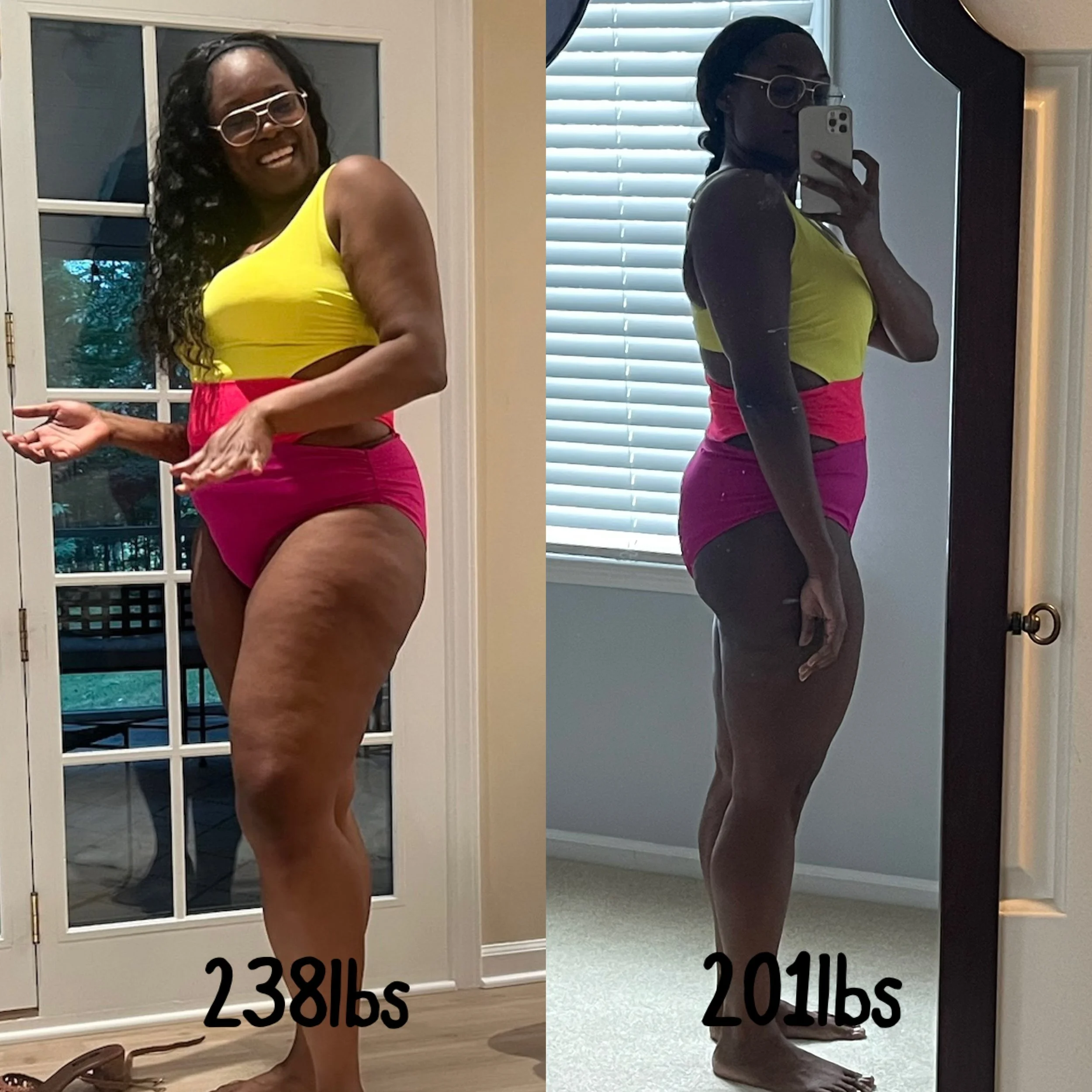 Side-by-side photos of a woman in a yellow and pink swimsuit, showing her weight loss from 238 lbs to 201 lbs. The left photo shows her smiling and posing indoors near a glass door, and the right photo shows her taking a mirror selfie indoors near a window with blinds.