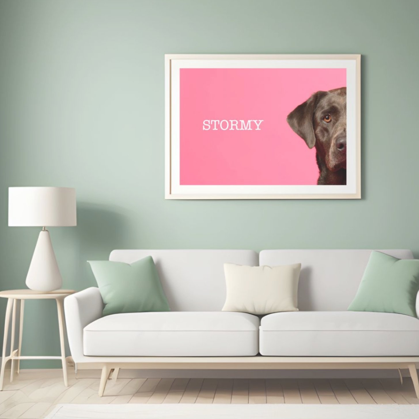 Custom pet portrait displayed as wall art in a modern home interior, showcasing professional pet photography designed for home decor in Jacksonville Florida