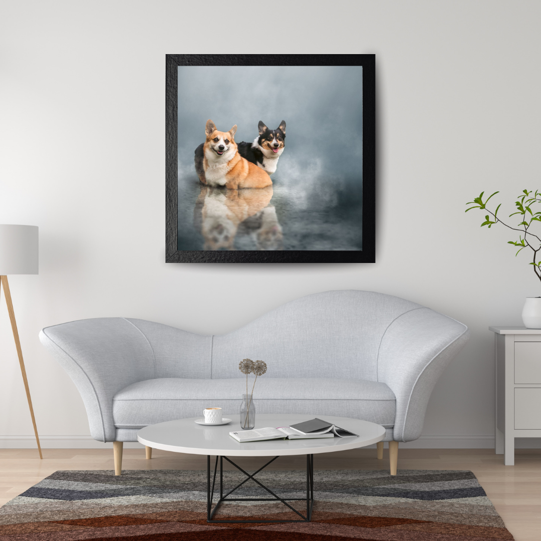 Framed custom dog portrait wall art displayed in a modern living room, created by a Jacksonville Florida pet photographer specializing in heirloom artwork