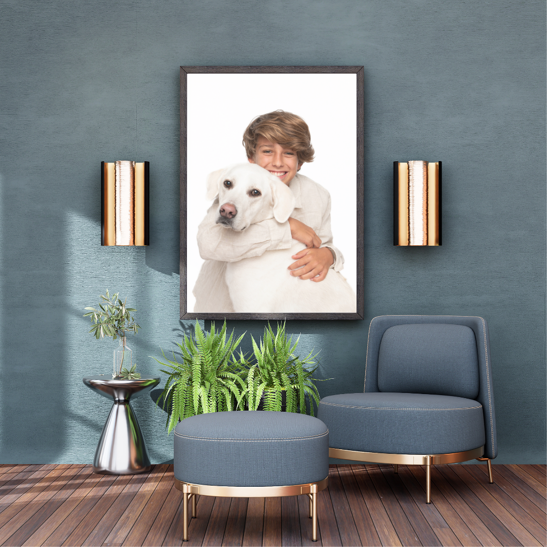 Framed portrait of a child hugging their dog displayed in a styled living room, created by a Jacksonville FL photographer specializing in family and pet portraits