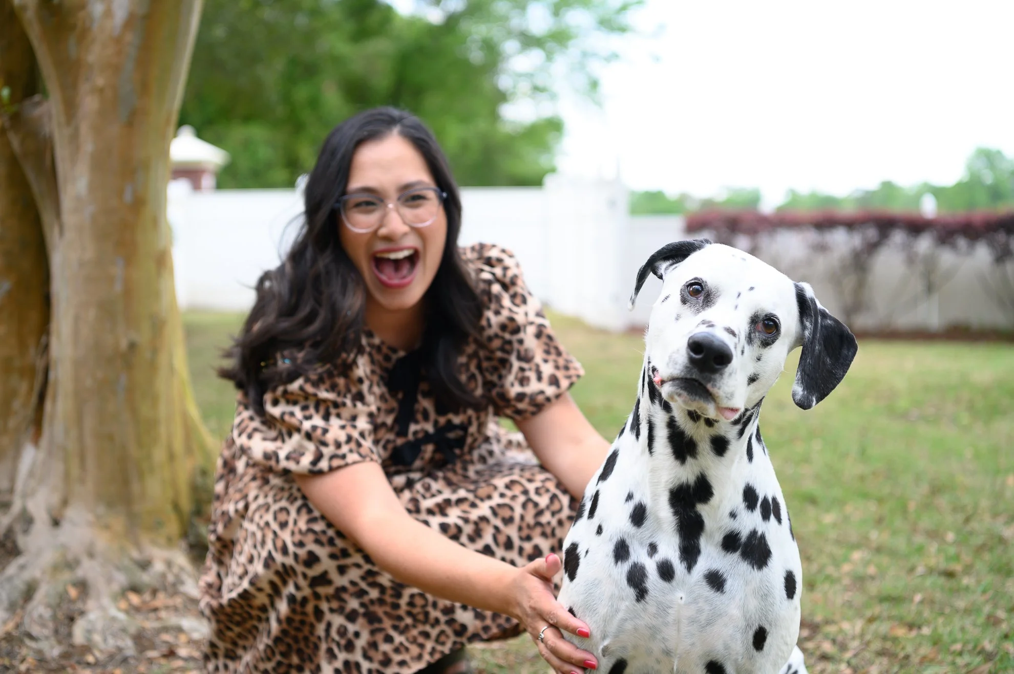Woman laughing with her Dalmatian during an outdoor portrait session in Jacksonville Florida, captured by a pet photographer focusing on candid, joyful moments