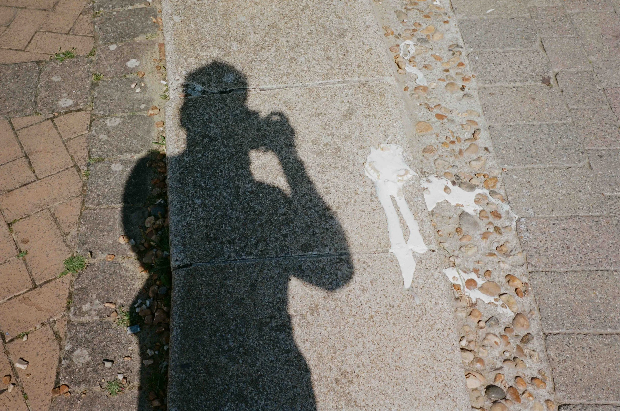 Shadow of person taking a photo on concrete and brick sidewalk with scattered pebbles and small patches of grass.