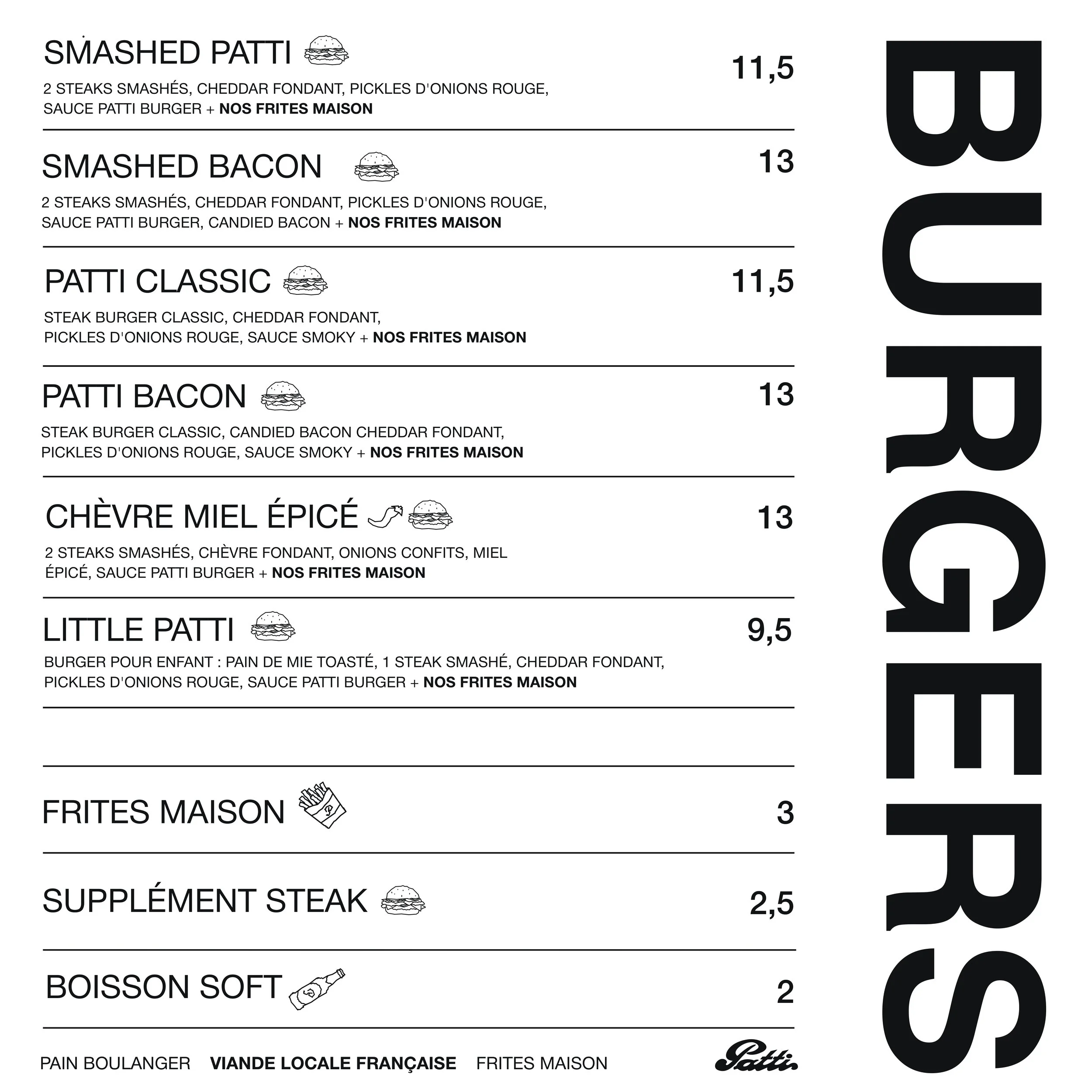 Menu de restaurant avec différentes options de burgers, frites maison, suppléments et boissons, avec prix en euros.