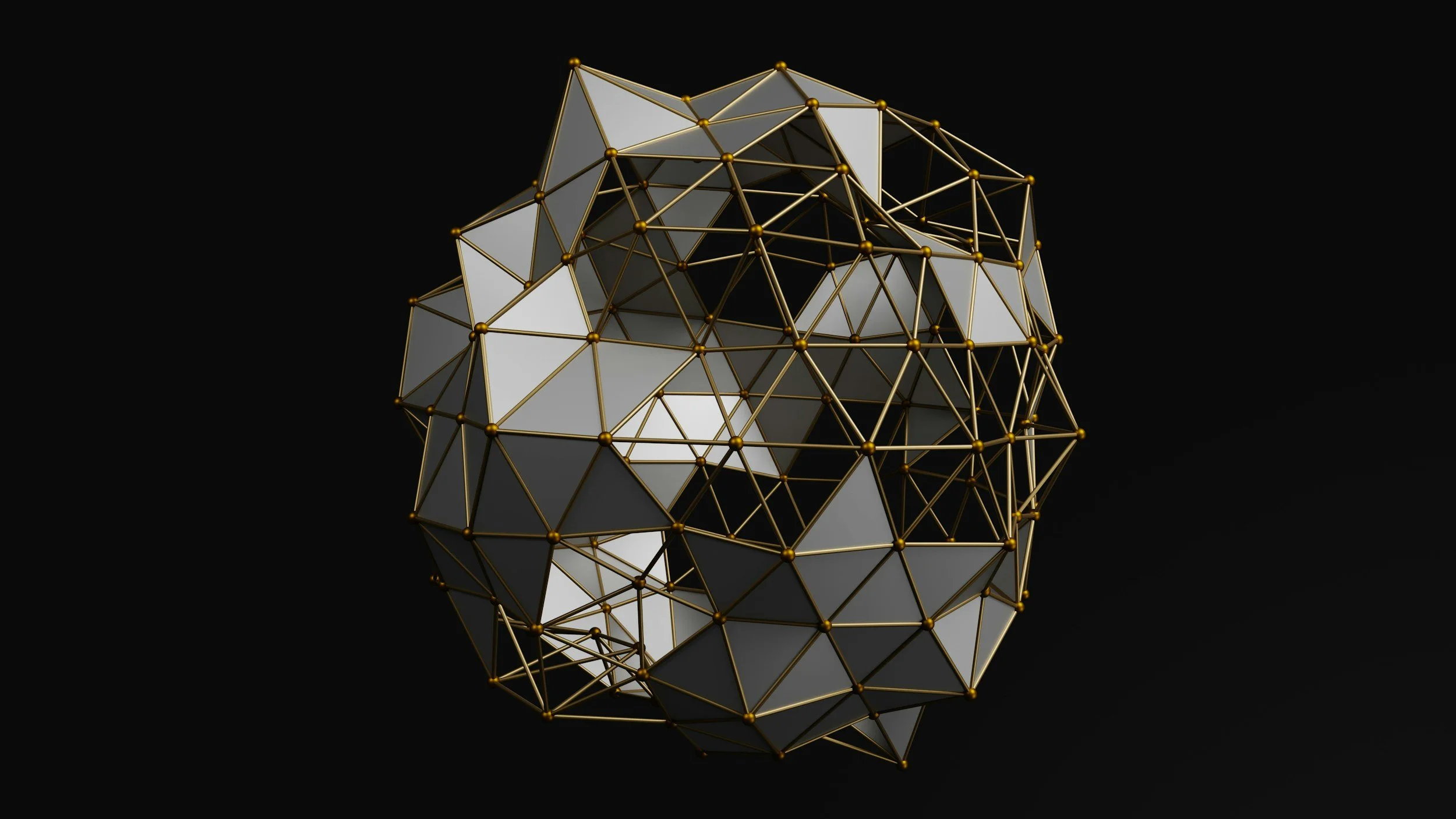 A geometric 3D object with a spherical shape made up of interconnected white triangular panels and gold-colored edges against a black background.