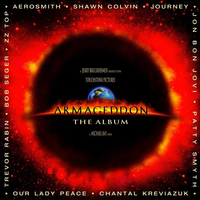 Poster for the album "Armageddon" featuring an image of Earth, with a fiery, eclipse-like ring of red and orange around it, and a black center. Text includes names of artists and filmmakers.