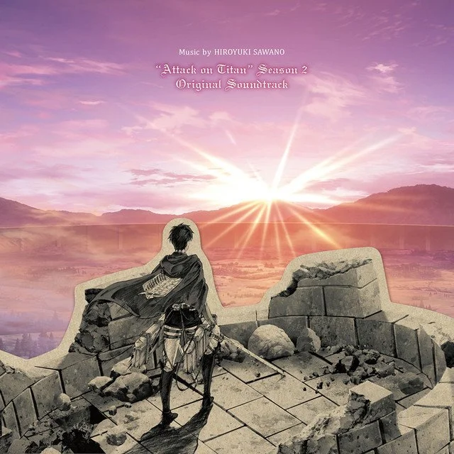 An anime character standing on the ruins of a stone wall, overlooking a sunset with purple clouds and a battle scene from "Attack on Titan" Season 2 soundtrack cover.