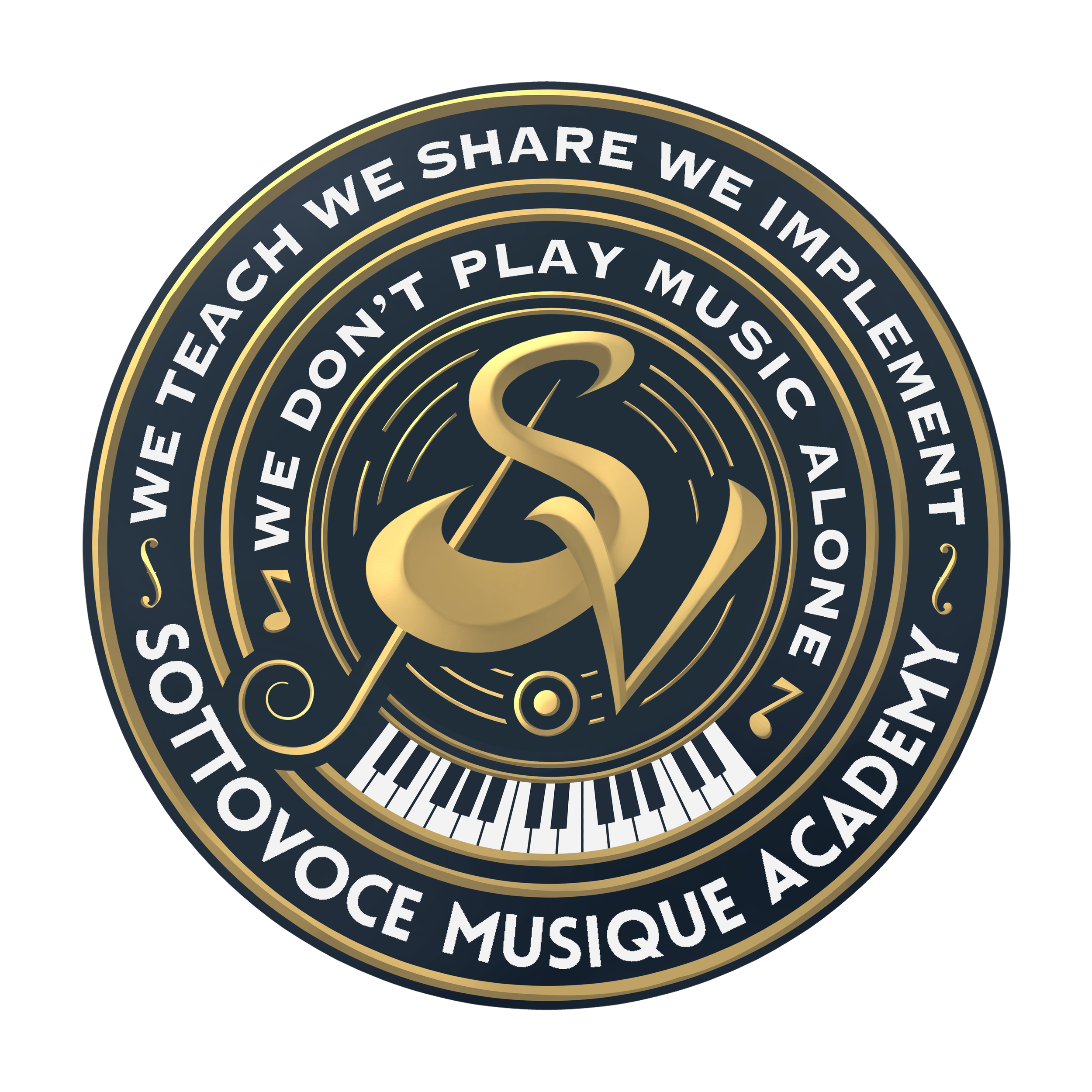 A circular logo with a piano keyboard border, featuring a gold-colored treble clef and stylized musical notes, with the quote 'We teach we share we implement we do n't play music all' on the outer ring, and the inner circle contains the words 'Ottovice Musique Académy'.