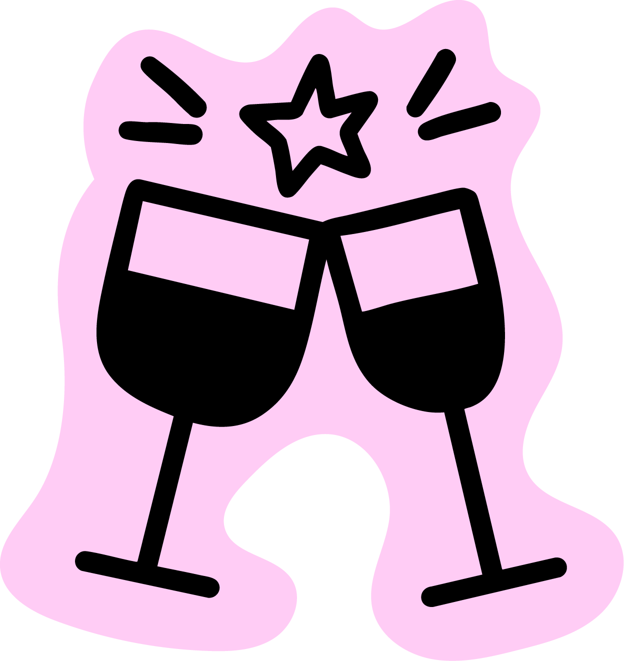 Stylized illustration of two wine glasses clinking, with a star and celebratory lines above, on a pink background.