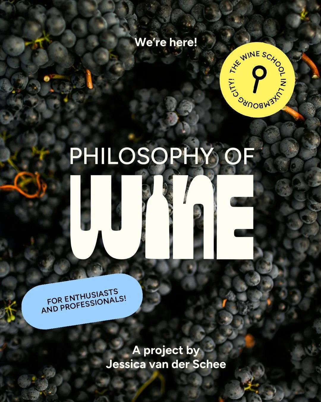 Cover of a book titled "Philosophy of Wine" with a background of dark purple grape bunches, featuring text: "We're here!", a yellow circle with a wine bottle opener icon and text "The Wine School in Luxembourg City!", and a blue speech bubble with "For enthusiasts and professionals!". The project is by Jessica van der Schee.
