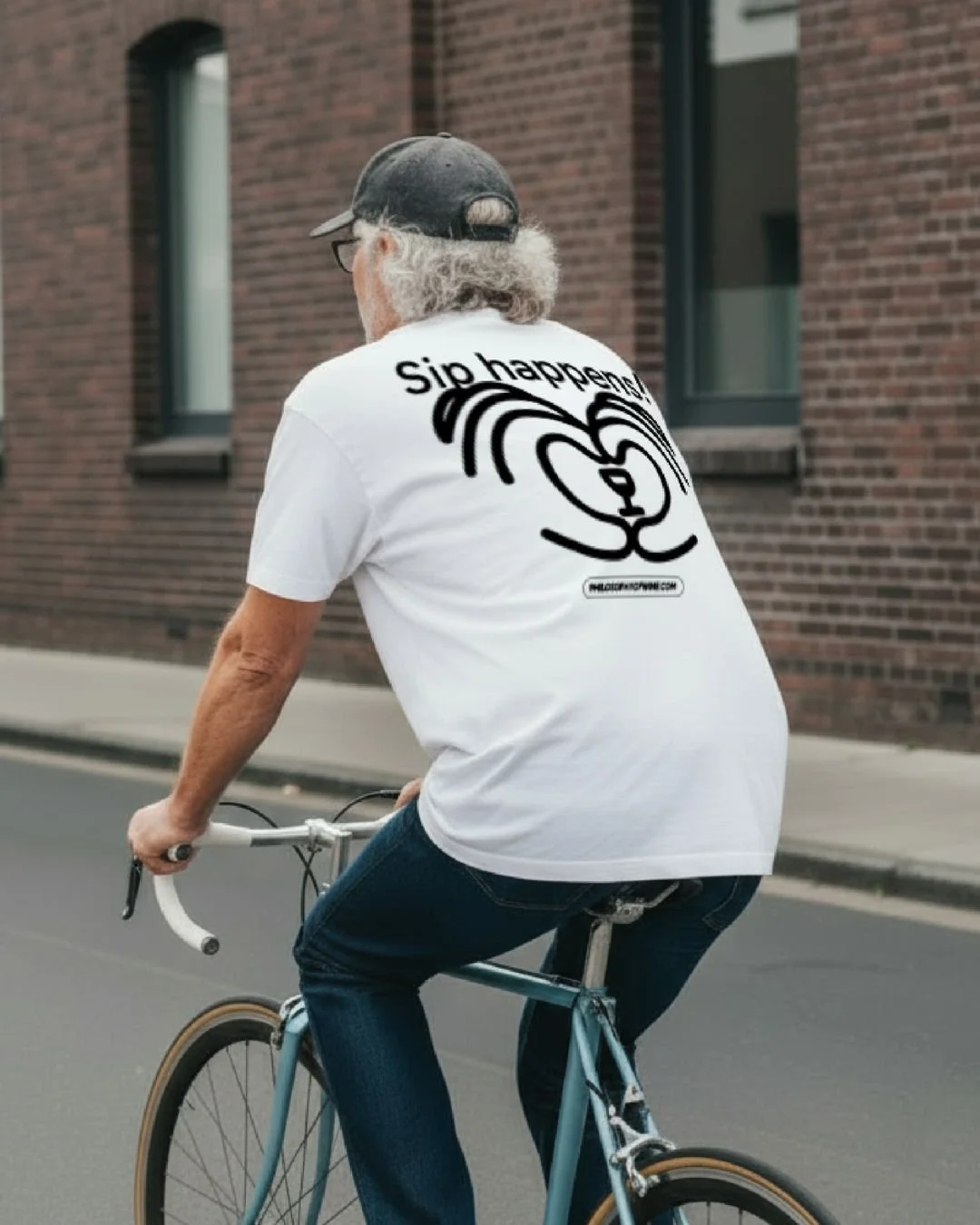 Older man riding a bicycle on a city street, wearing a white T-shirt with the phrase "Sip happen" and an illustration of two hands making a heart shape, with a website URL below.