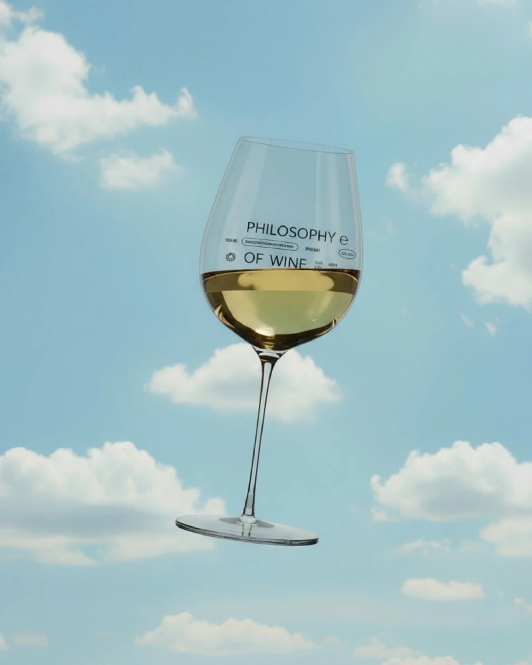 A glass of white wine with the phrase "Philosophy of Wine" written on it, floating in the sky with clouds.