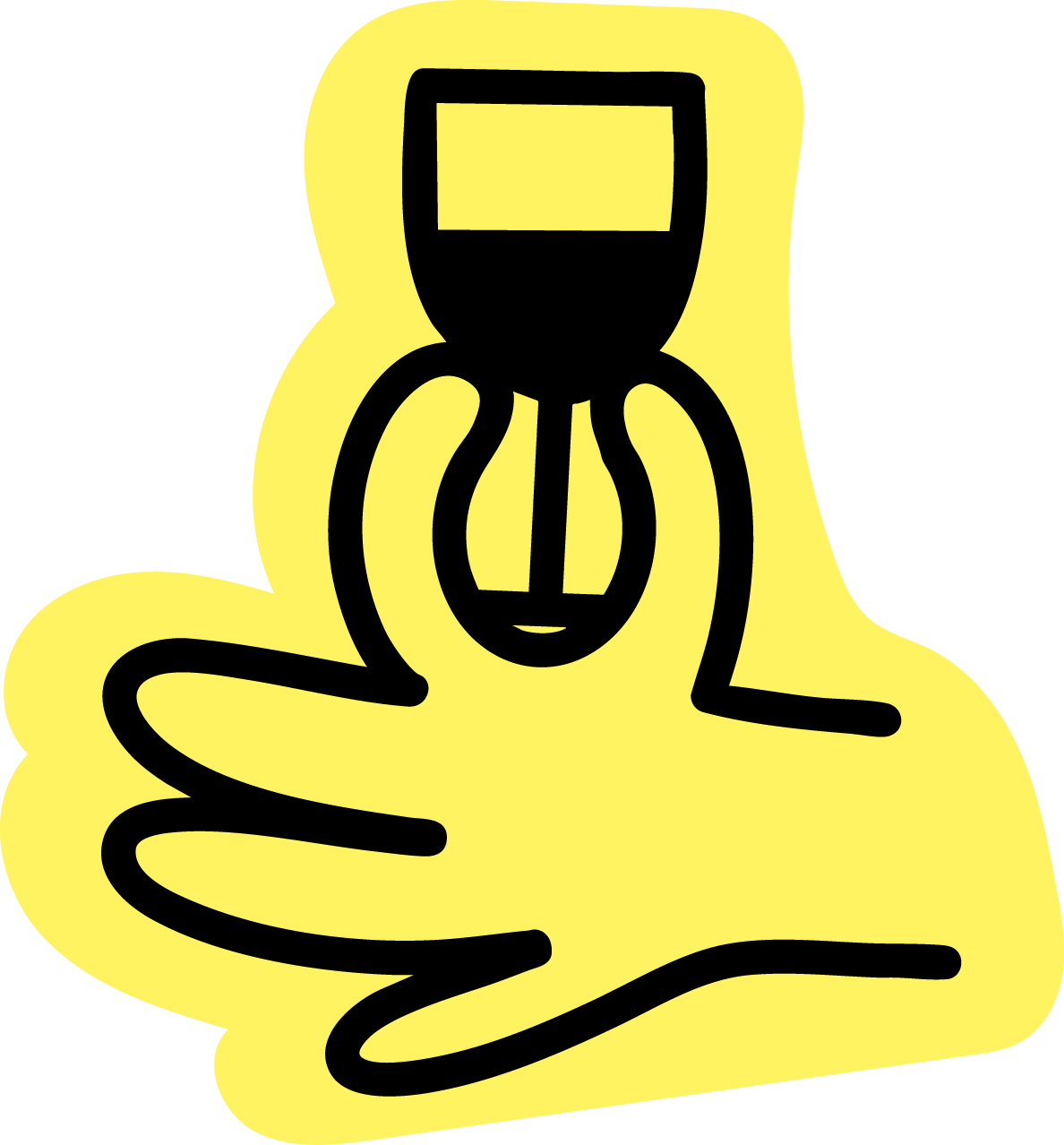 A stylized illustration of a yellow hand holding a small cordless power drill against a black background.