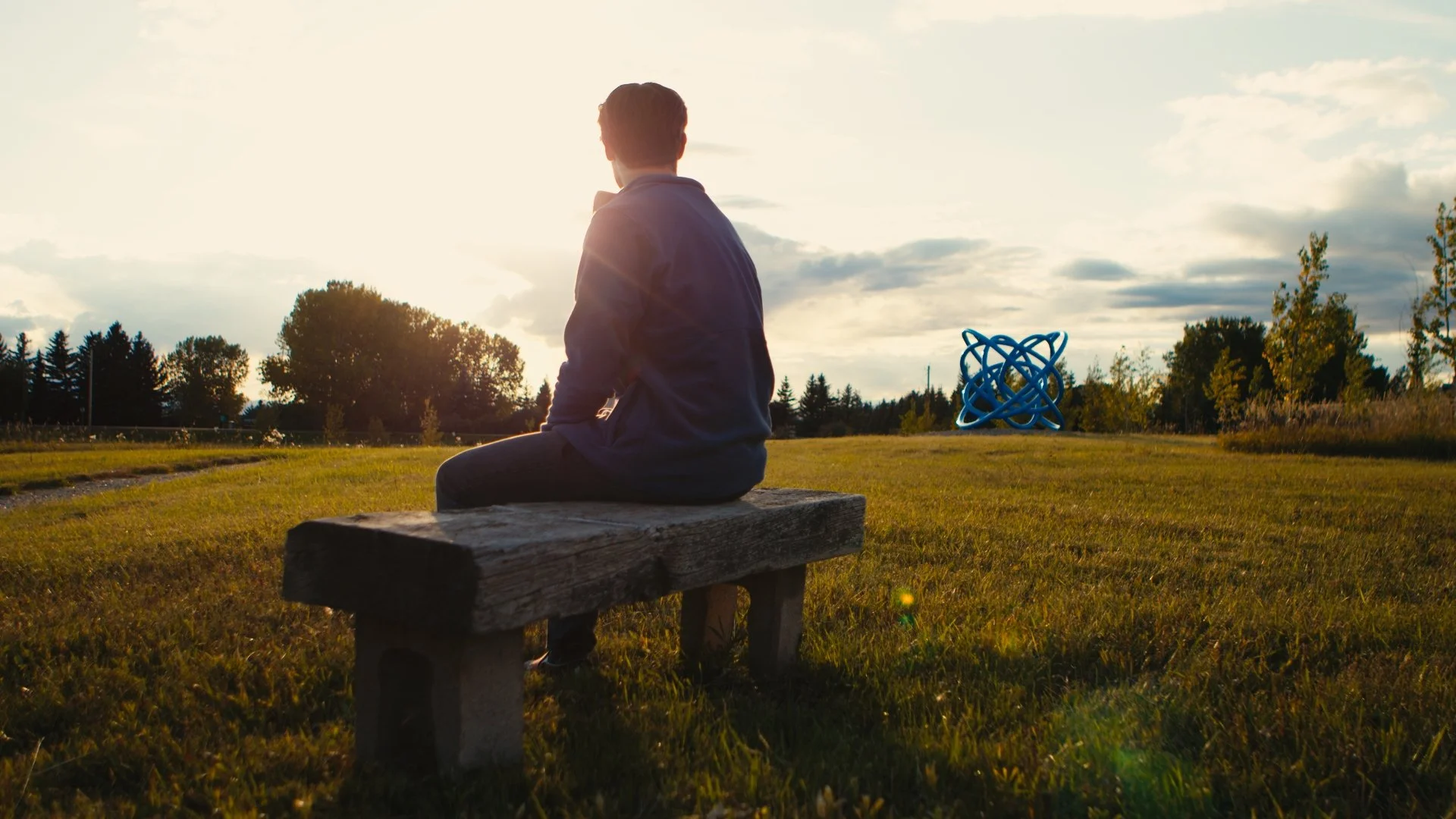 A person sitting on a wooden bench in a grassy park during sunset, looking towards the horizon where there are trees and a blue abstract sculpture called 'Doodle #4' by co-founder Katie Ohe