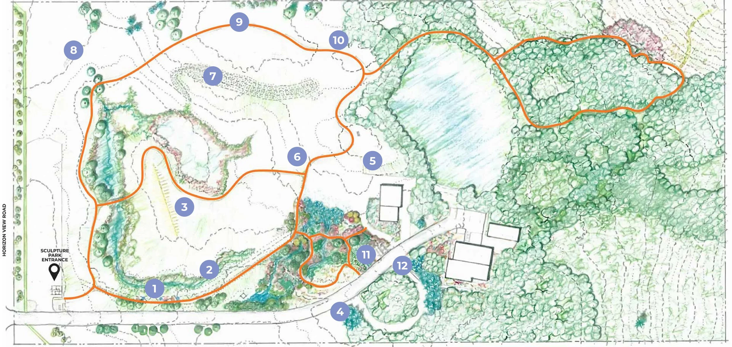 Map of the Kiyooka Ohe Art Centre sculpture park with walking trails marked in orange, numbered points of interest, trees, water features, and buildings, with a park entrance on the bottom left side.