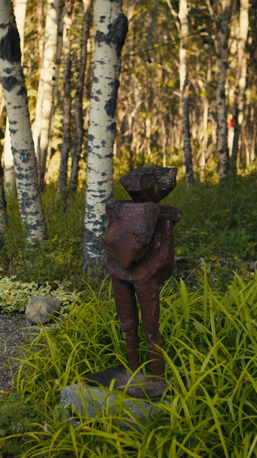 A metal sculpture 'Mother and Turtle' by Katie Ohe features a figure with a smaller figure on its back, standing among green plants in a forest with birch trees at the KOAC gardens.
