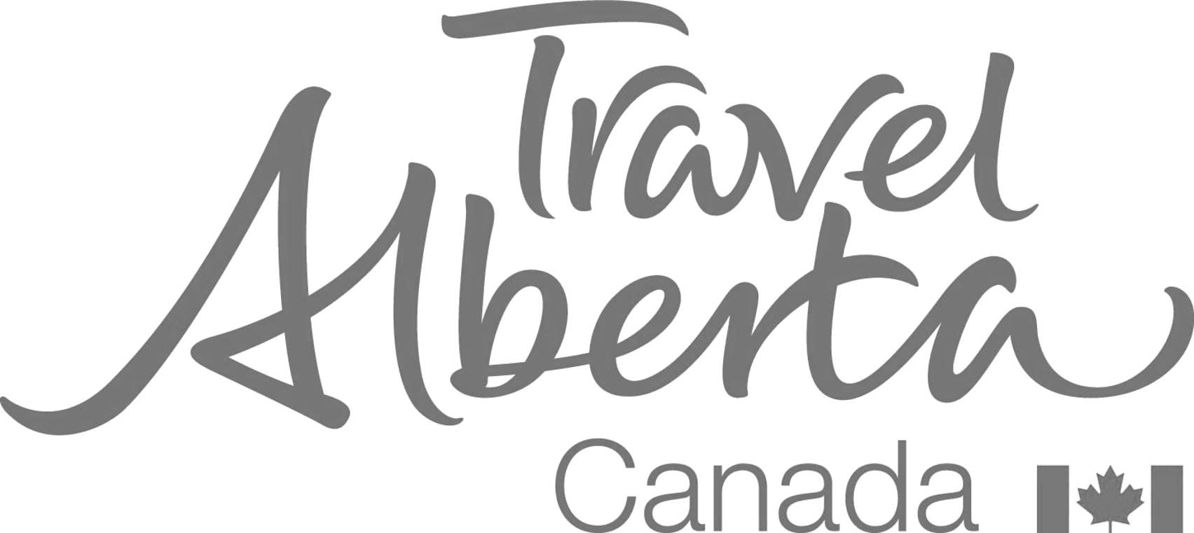 A stylized gray text logo that reads "Travel Alberta Canada" with a small maple leaf symbol at the end.