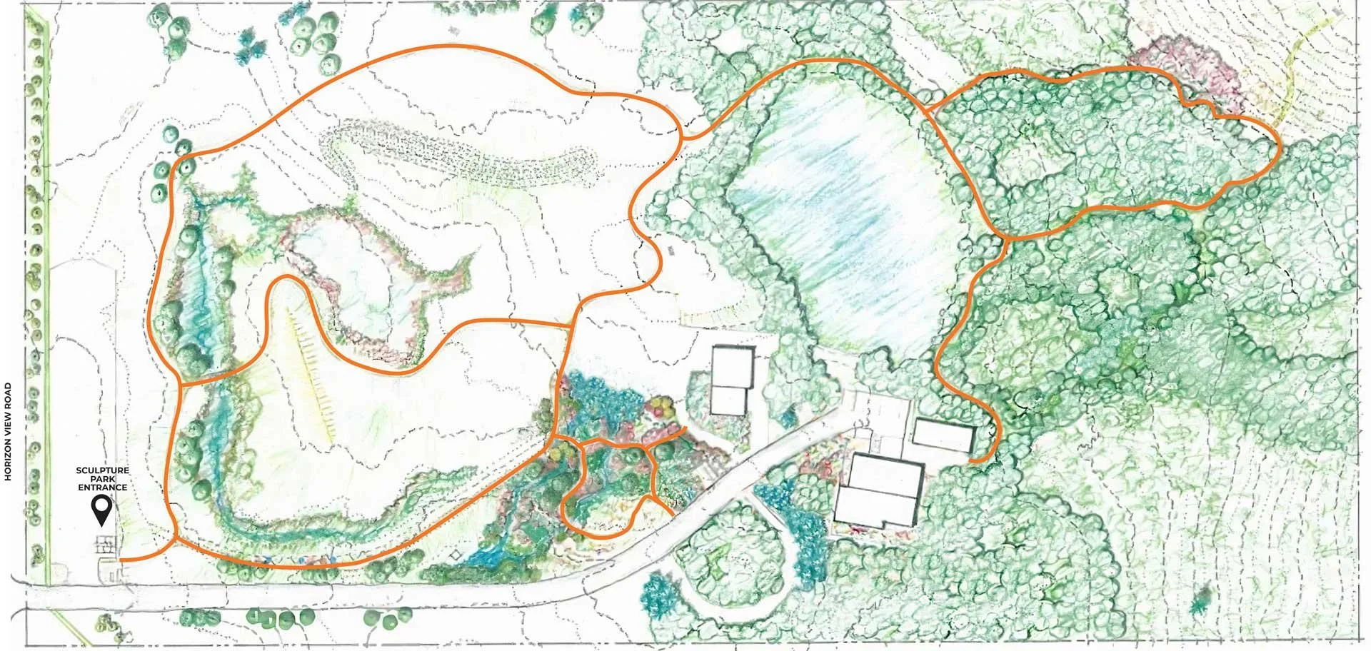 A detailed landscape drawing of a park with trails, ponds, and green areas. The park is accessible from the Horizon View Road and has a sculpture park entrance. There are pathways winding through the park and several structures near the entrance, surrounded by trees and water features.
