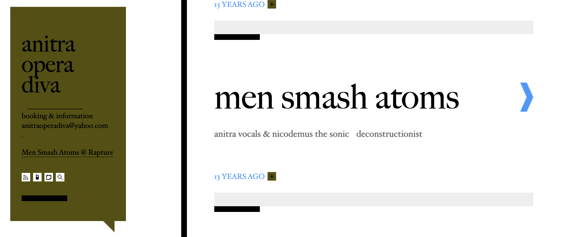 A website page with a dark green sidebar on the left containing the text "anitra opera diva" and contact information, and a white main section on the right displaying the artist's name "men smash atoms" in large black font, with additional details ab