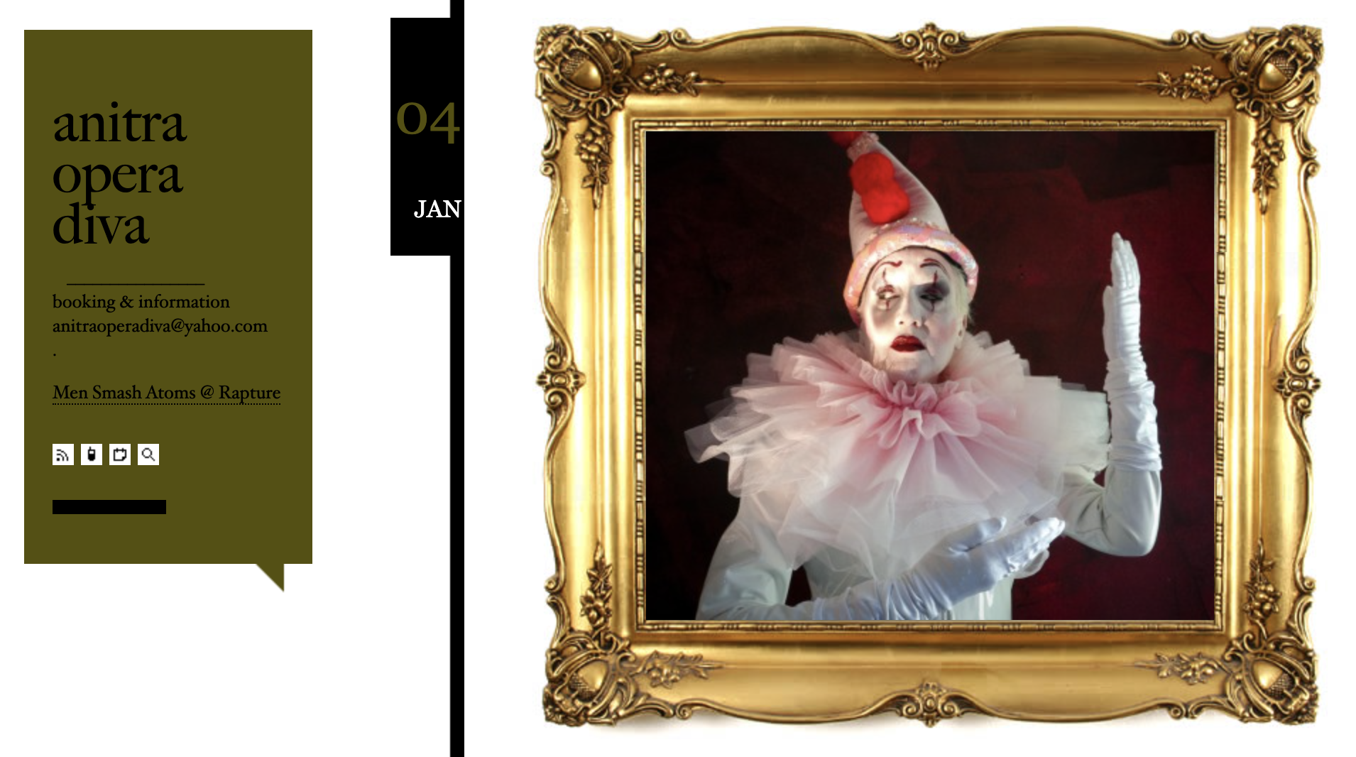 A clown dressed as a mime with white face paint, red lipstick, and dark eye makeup, wearing a pink ruffled collar and a hat with a red pompom, raising one hand with fingers curled inside, inside an ornate gold picture frame.