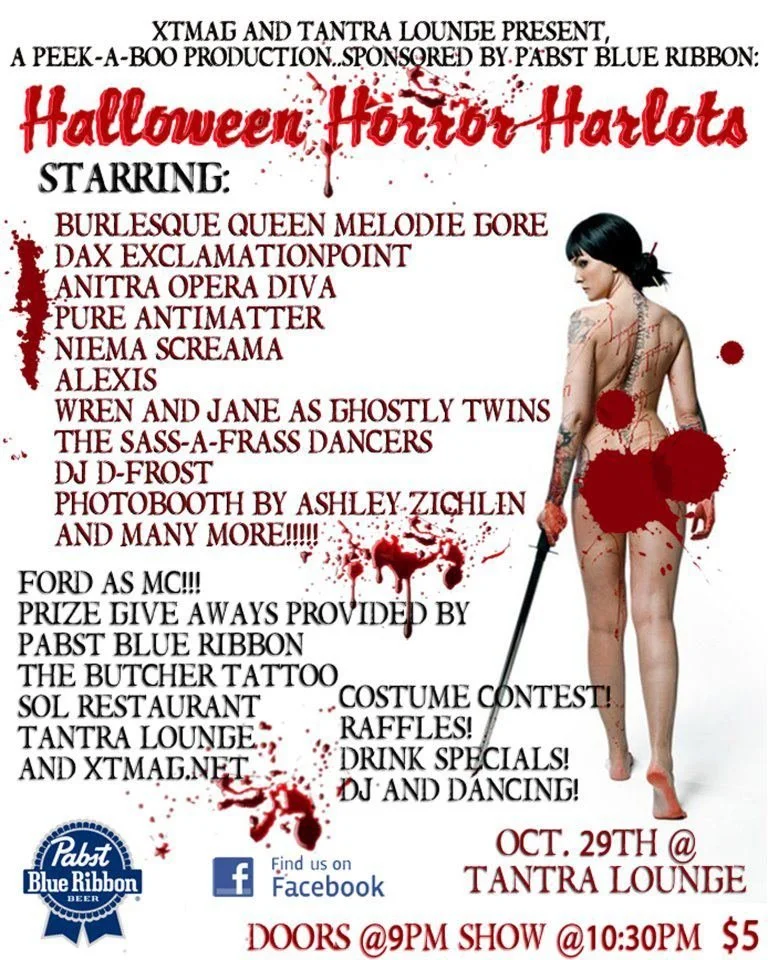 Flyer for Halloween Horror Harbota event featuring a woman with tattoos holding a sword with blood splatters, promoting a costume contest, DJ, dancing, and various performers, scheduled for October 29 at Tantra Lounge.