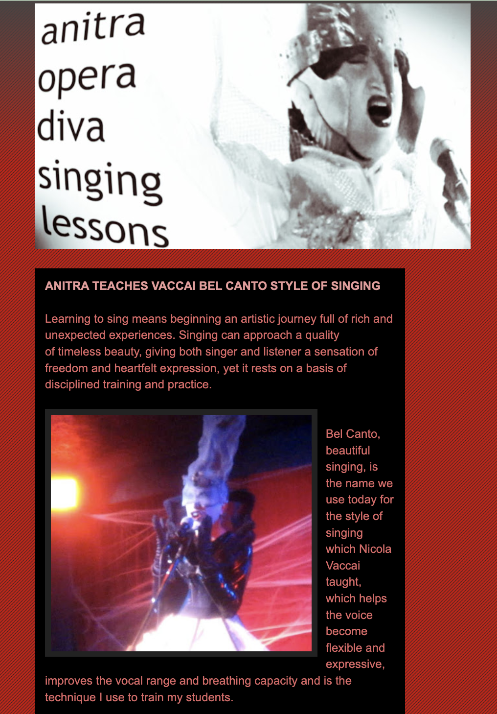 A flyer for Anitra, a vocal coach, promoting her singing lessons and teaching the Vallii Bel Canto style of singing. The flyer features a black and white image of a young girl singing passionately at the top, and a colorful image of a performer singi