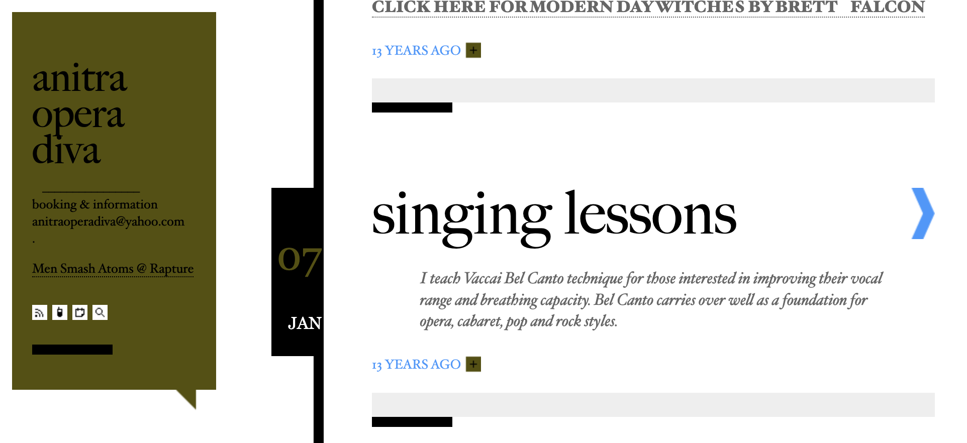 Website page for Anitra Opera Diva promoting singing lessons with a booking email. The left sidebar has contact info, social media icons, and a dark green background. The main content offers details about vocal coaching using the Voci Bel Canto techn