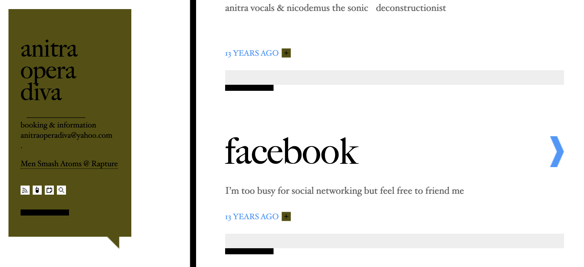 A screenshot of a social media profile page for 'Anitra Opera Diva.' The left side features a dark olive green profile section with thin black text showing the person's contact email (anitraoperadiva@yahoo.com), a note about their band, and icons for