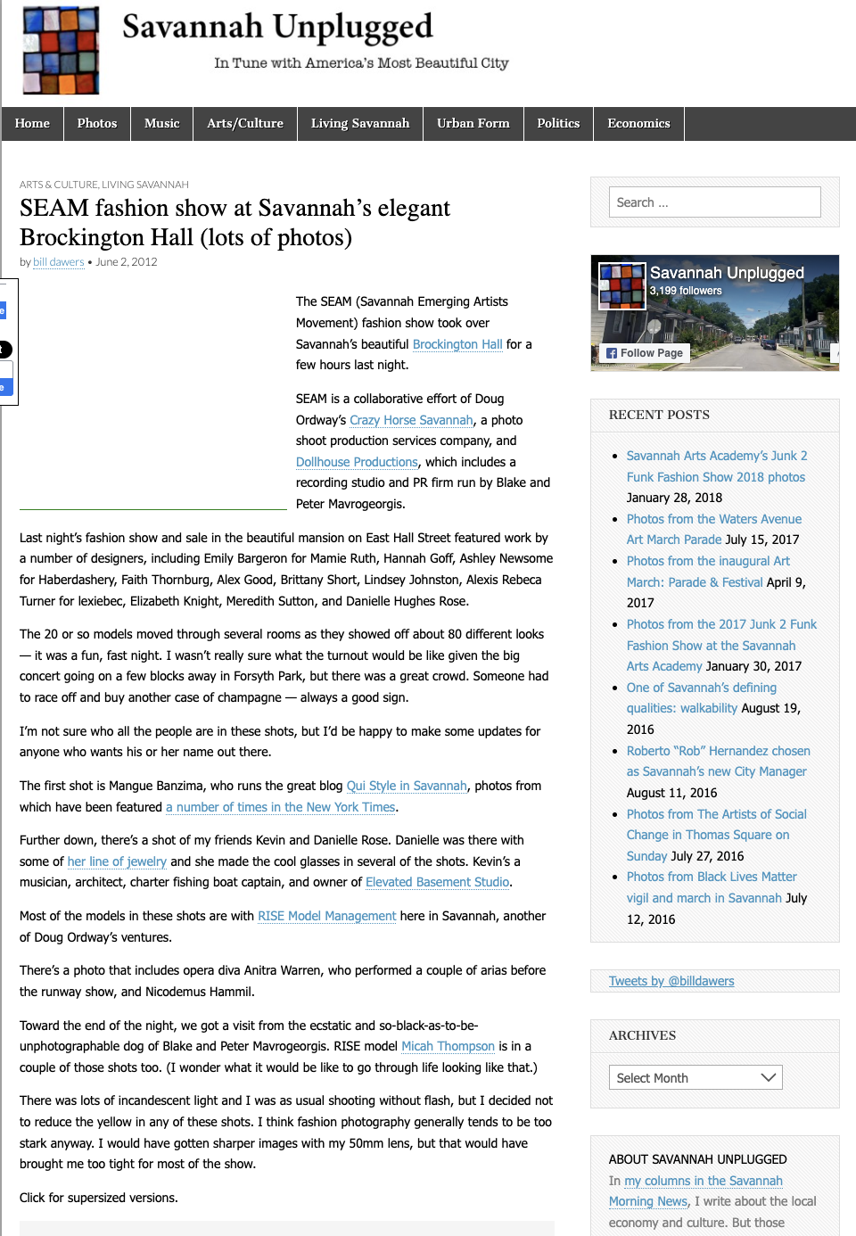 Screenshot of a webpage titled "Savannah Unplugged" discussing a fashion show at Brockington Hall in Savannah, Georgia, with links to photos, posts, and related articles.