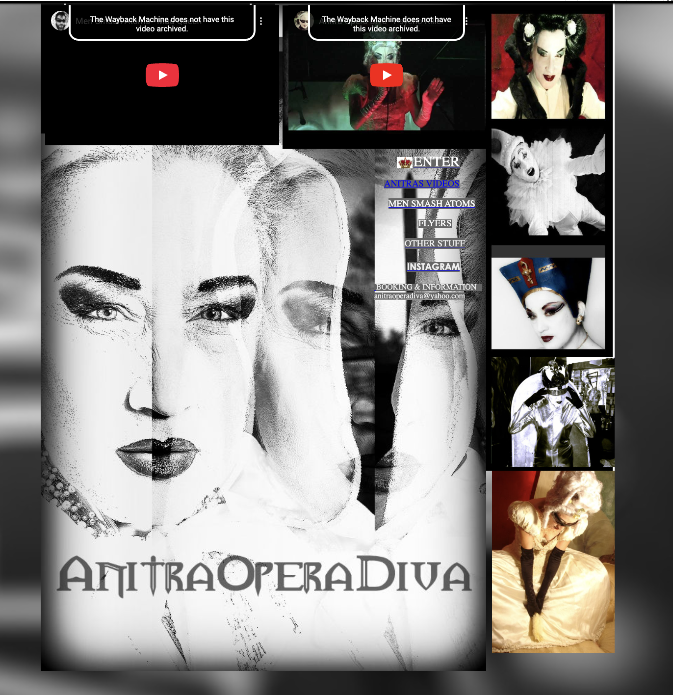 Collage of black-and-white and color photos featuring performers in theatrical costumes and makeup, centered around a graphic with the text 'Anitra Opera Diva'. The collage displays various dramatic and elaborate costumes, including a clown, a queen,