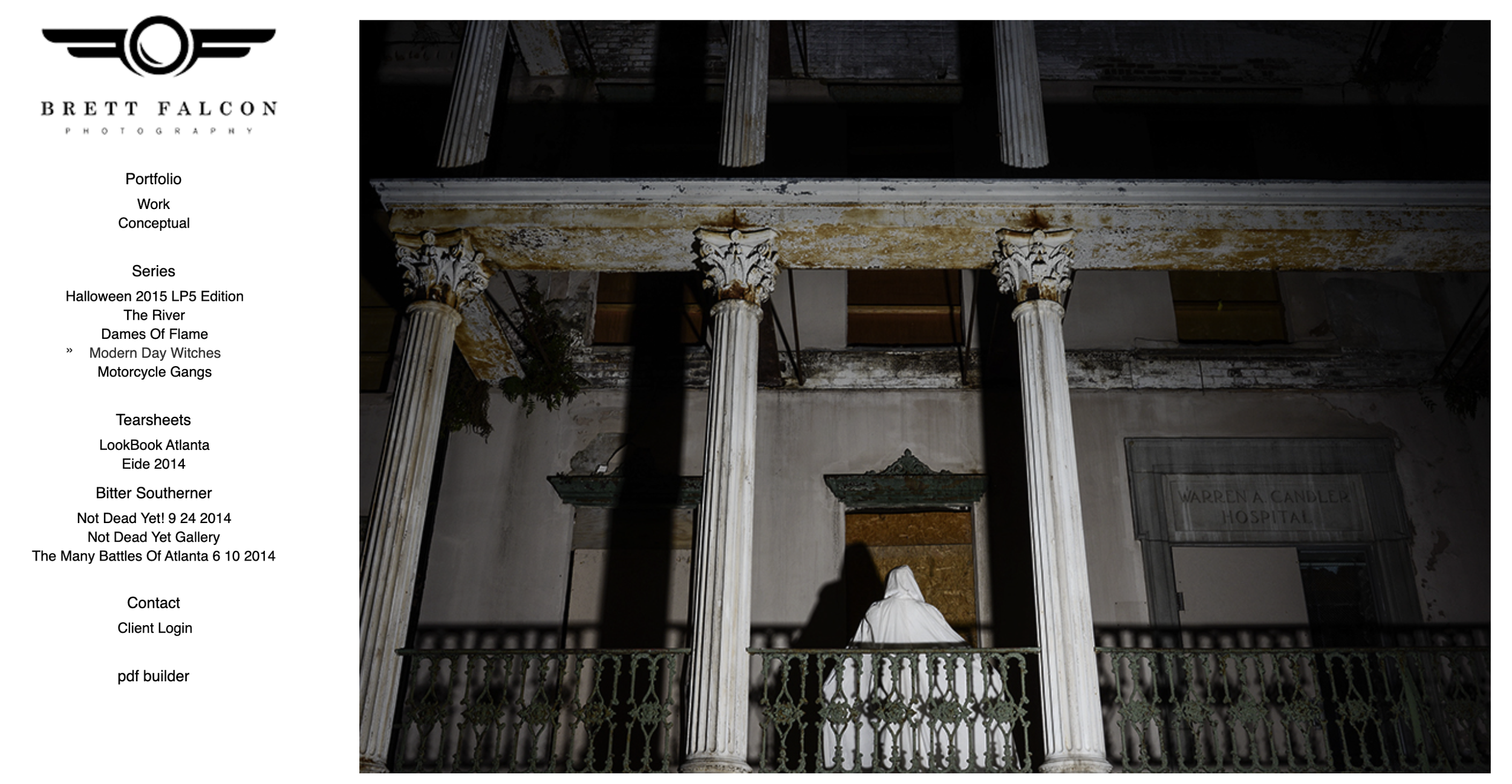 Photo of an abandoned, dilapidated building with classical columns and ornate details, with a ghostly figure in a white cloak standing on the balcony.