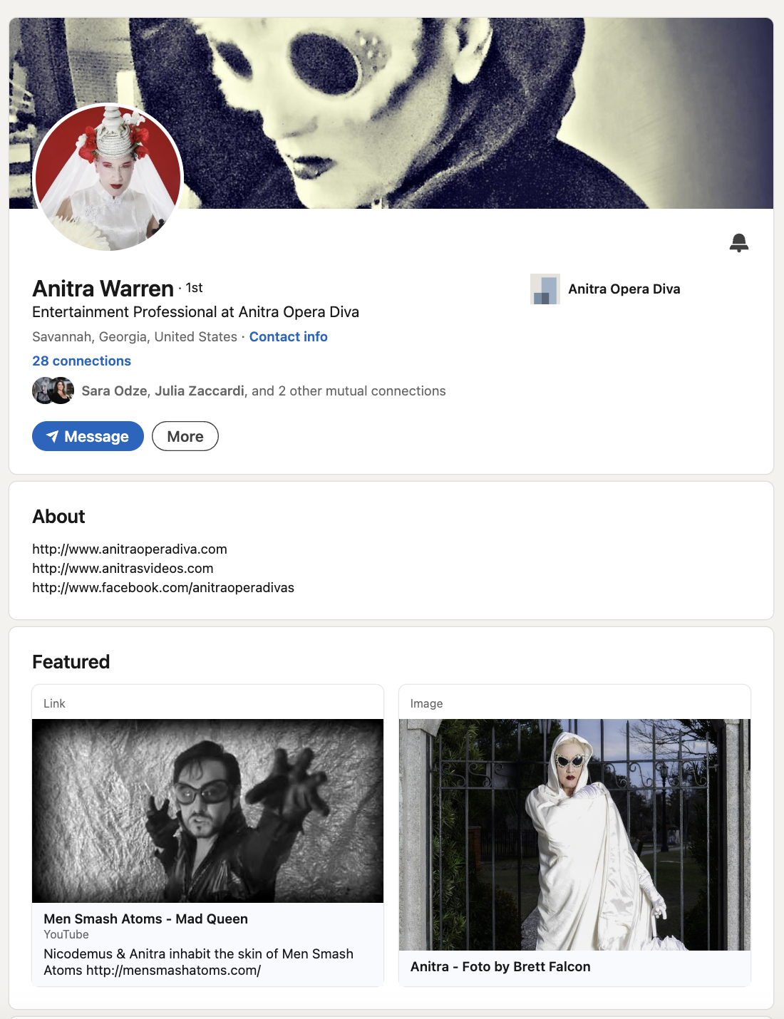 A LinkedIn profile page of Anitra Warren, an entertainment professional known as Anitra Opera Diva. The profile includes a black-and-white banner image of a person wearing sunglasses and makeup, and another image of a person in elaborate white clothi