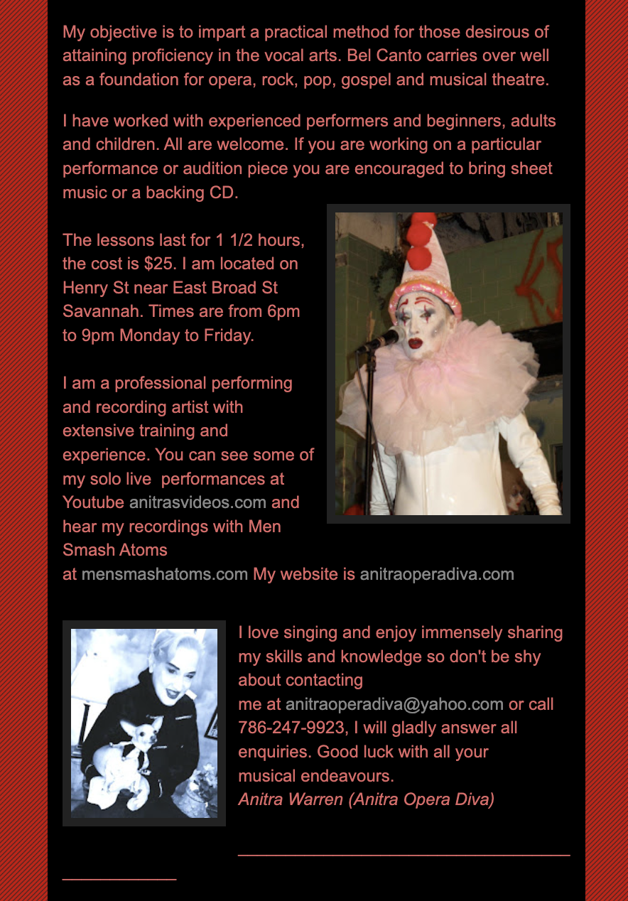 A promotional flyer for vocal arts and musical theatre classes with images of performers, including a person in a clown costume with white face paint, a pink collar, and a pink hat with red pom-poms, and another performer with short light hair holdin