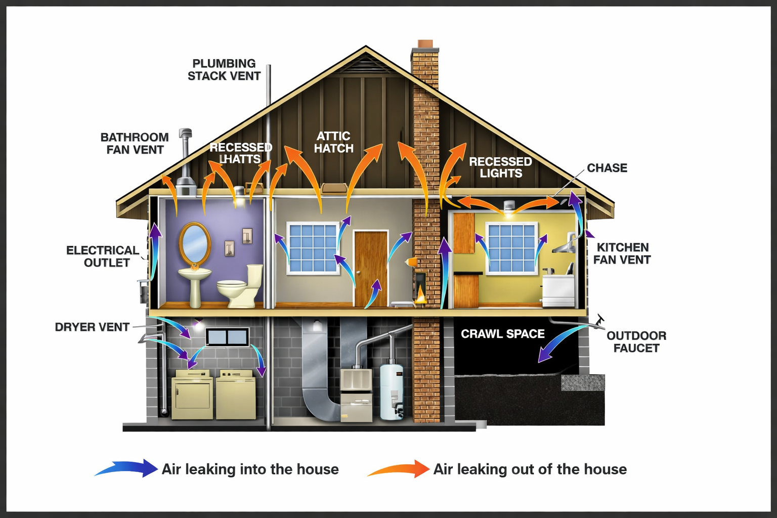 Cross-section of a house showing ventilation system: air leaks into the house through bathroom fan vent, electrical outlet, dryer vent, attic hatch, recessed hatches, and recessed lights; air leaks out through plumbing stack vent, attic hatch, chimney, kitchen fan vent, and crawl space vent; arrows indicate airflow paths.