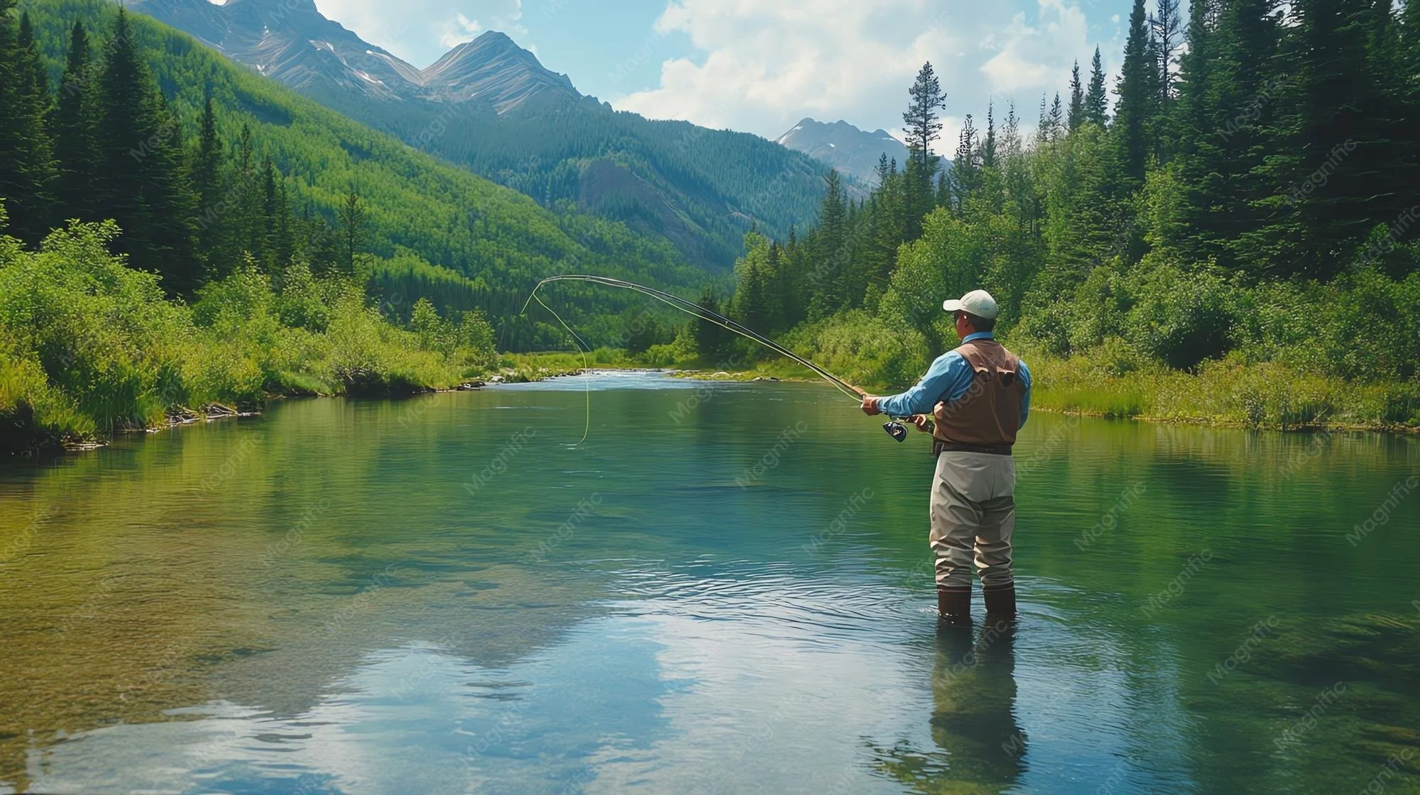 A man stands in a river, fly fishing in a lush, green mountainous landscape with tall trees and snow-capped peaks in the background.