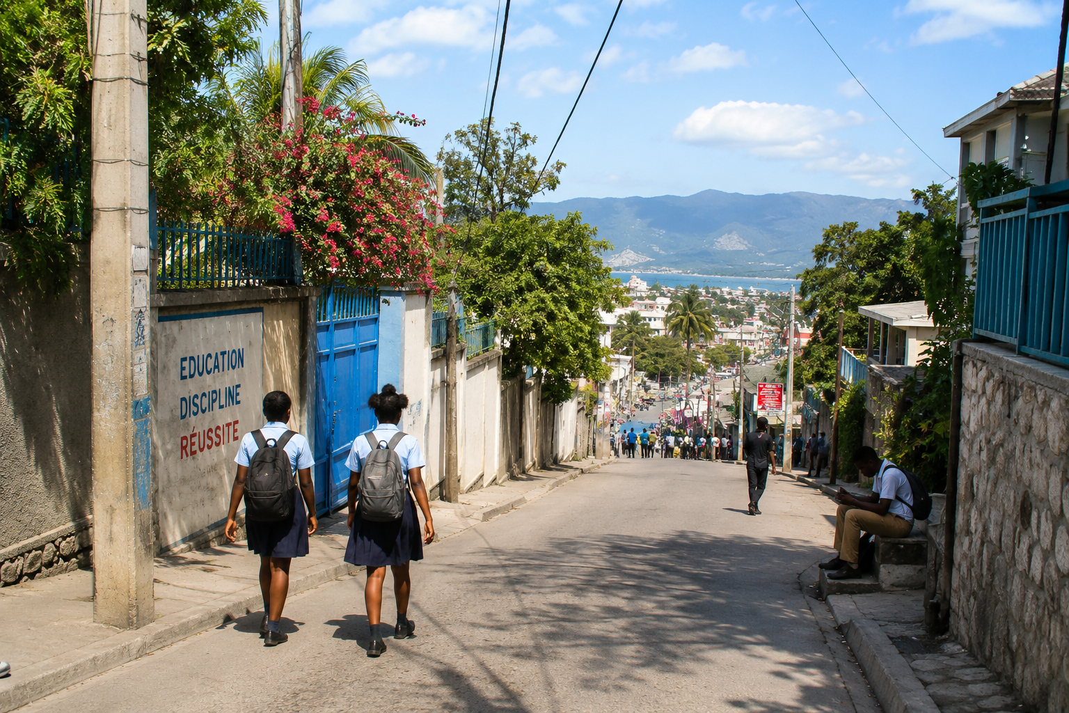 Two students in school uniforms walking uphill on a street, with a man sitting on a bench and other people further down, city skyline, water, mountains, and blue sky in the background.