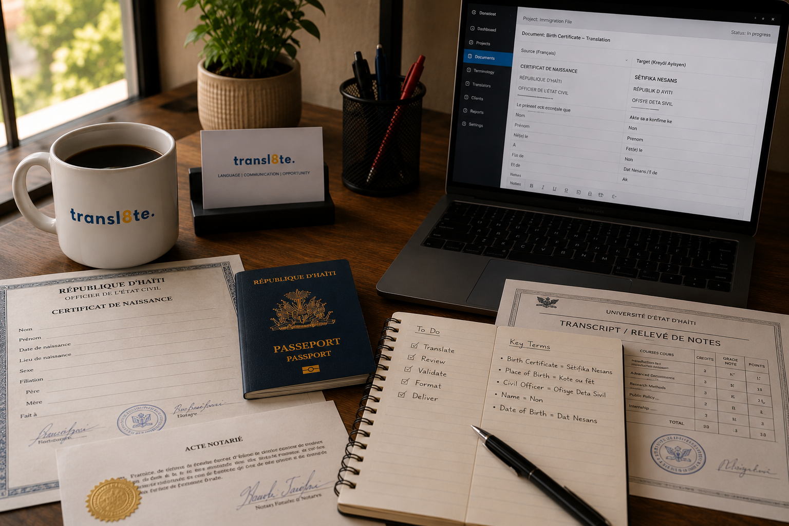 A desk with a laptop displaying a translation project, a cup of coffee with a Transli8te mug, Haitian documents including a birth certificate, passport, notepad with key terms, and a notebook with to-do list, a business card, and a potted plant near a window.