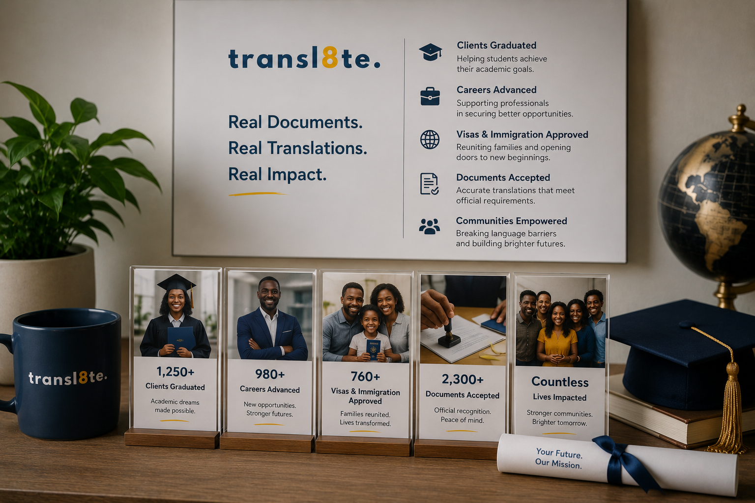 A desk display featuring a large poster with information about translate services, a plant, a purple mug with 'transl8te' logo, five acrylic stands with images and statistics of clients and services, a closed book, a diploma scroll, and a globe. The poster highlights the company's mission of real documents, translations, and impact.