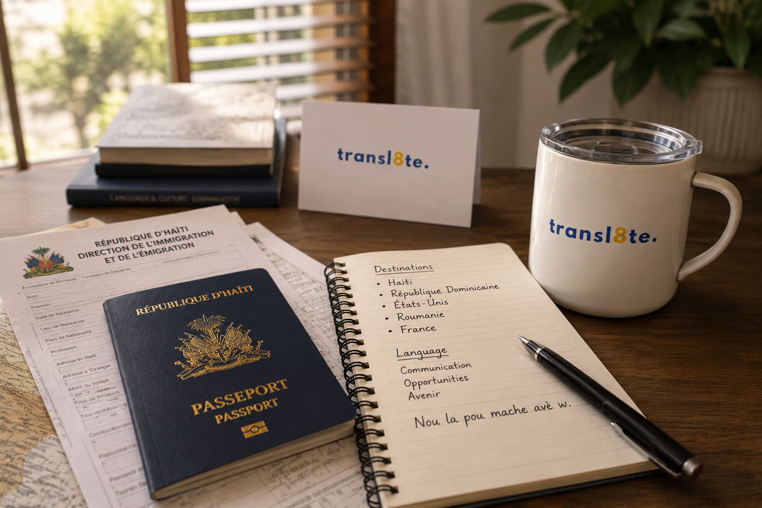 Haitian passport, immigration papers, a notebook with destinations listed, a pen, and a coffee mug with 'translate.' logo on a wooden desk near a window with blinds and a potted plant.