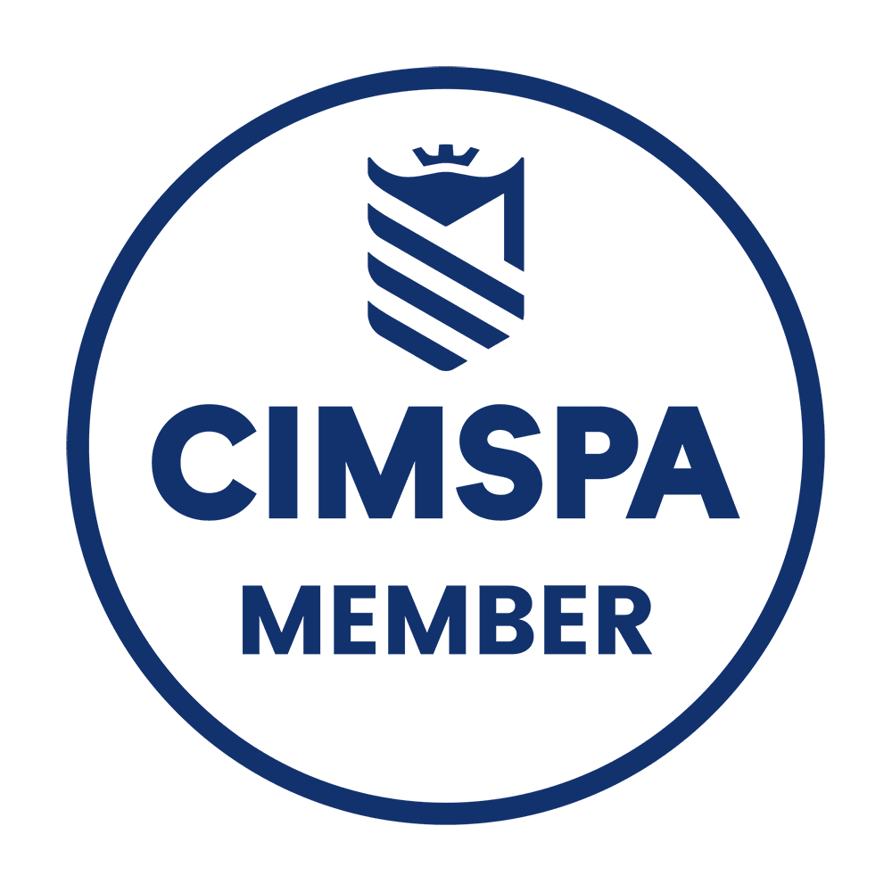CIMSPA Member badge with a circular blue border, a stylized shield with the number 1 and a crown, and the text 'CIMSPA MEMBER' in blue.